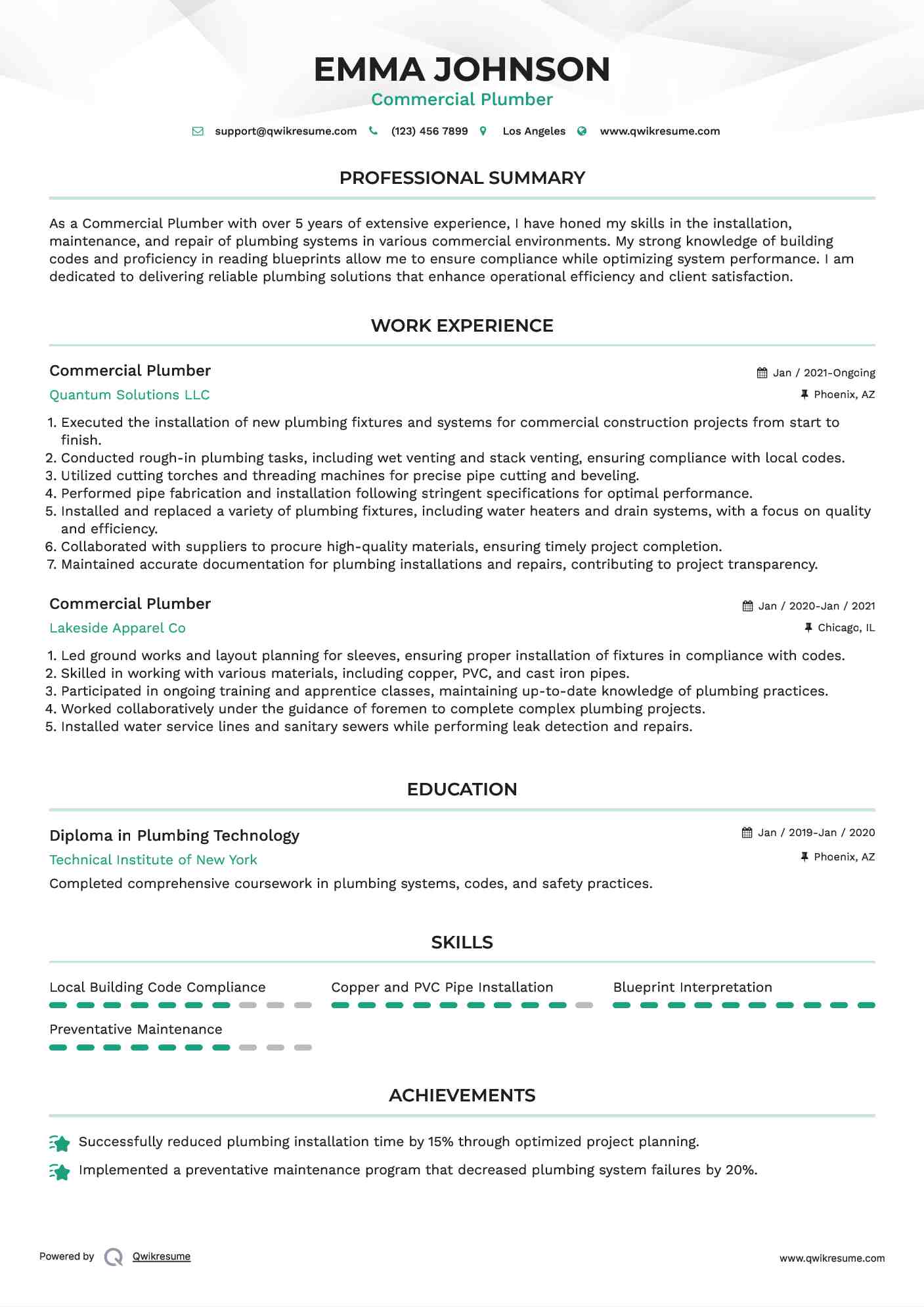 Commercial Plumber Resume Format