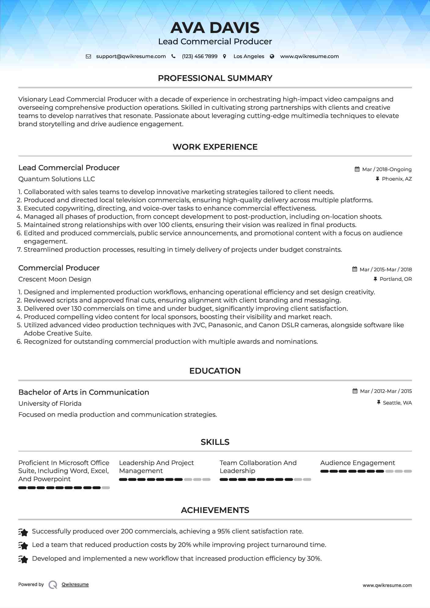Lead Commercial Producer Resume Example