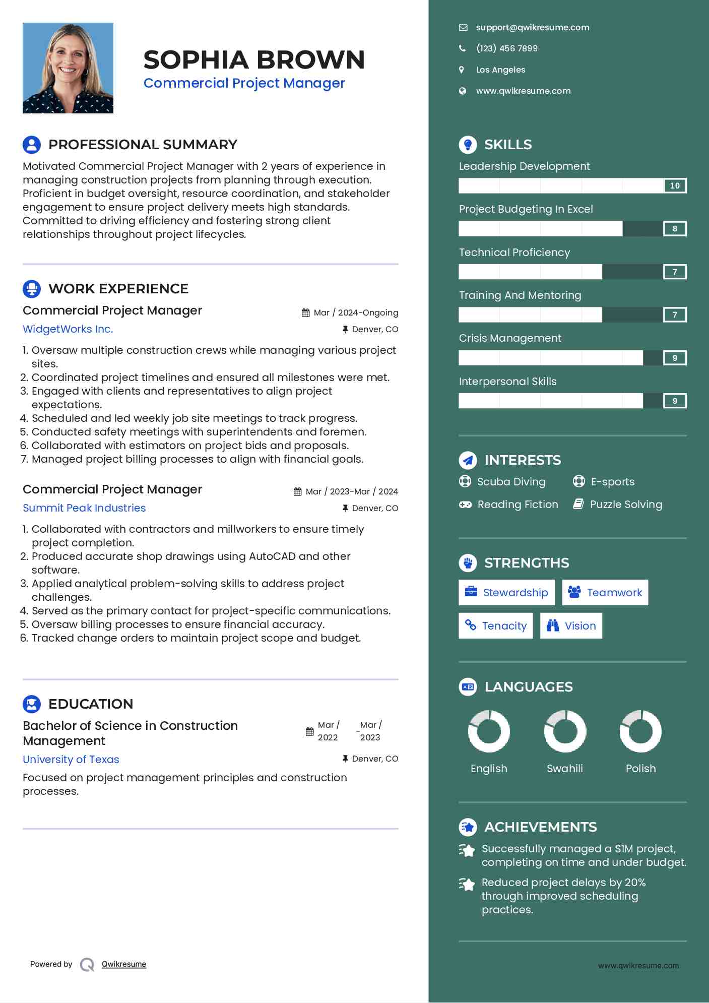 Commercial Project Manager Resume Model