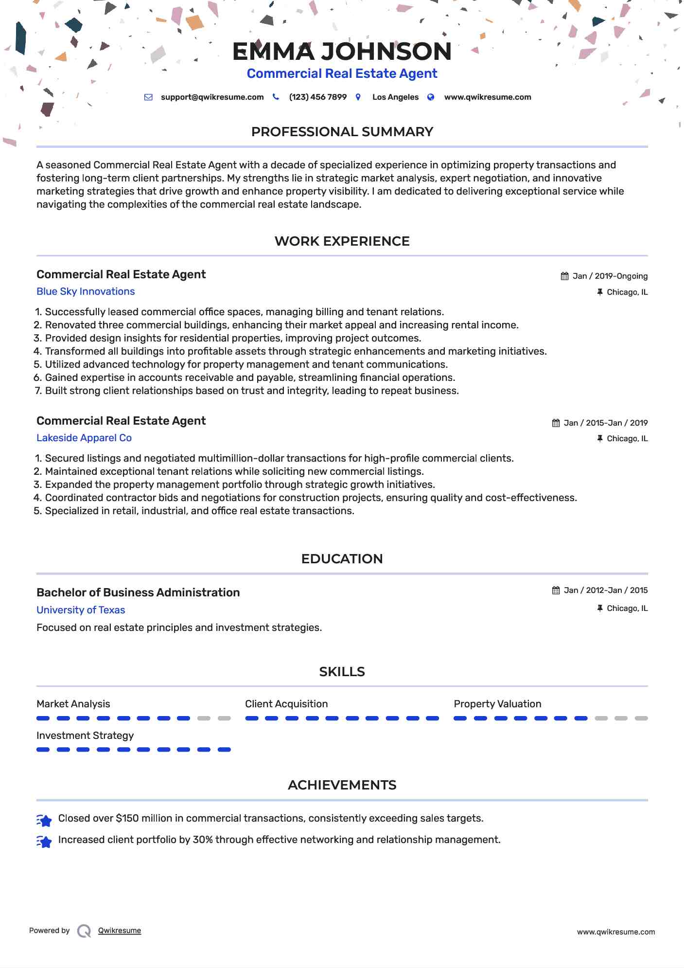 Commercial Real Estate Agent Resume Sample