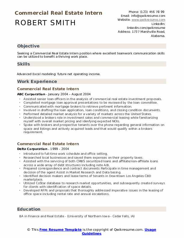 Commercial Real Estate Intern Resume Samples QwikResume