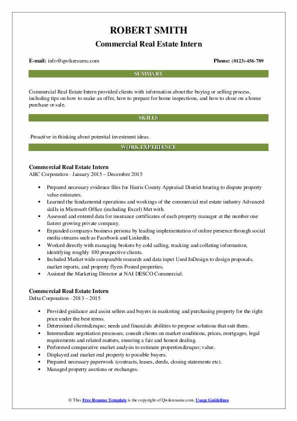 Commercial Real Estate Intern Resume Samples QwikResume