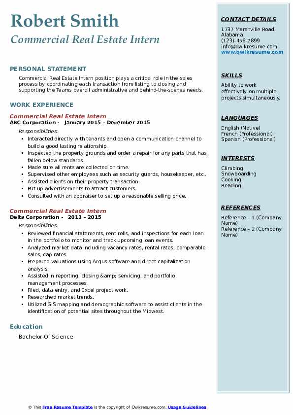 Commercial Real Estate Intern Resume Samples QwikResume