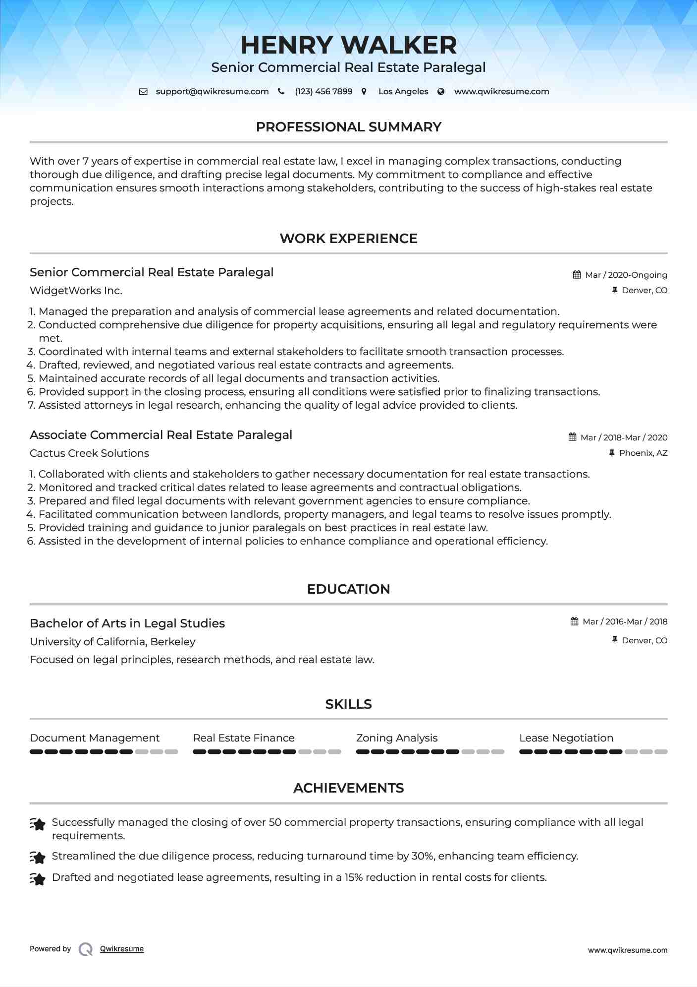 Senior Commercial Real Estate Paralegal Resume Sample