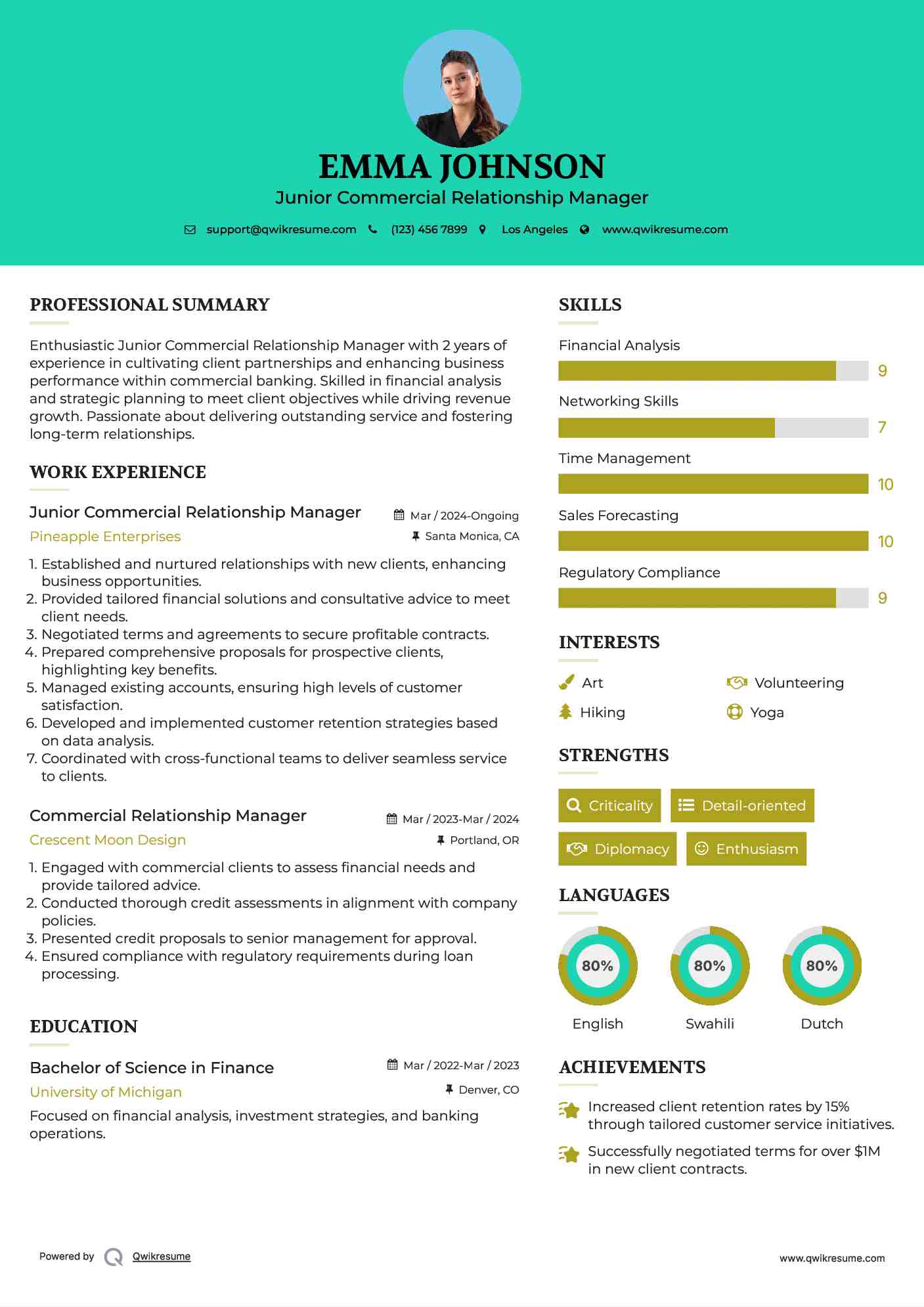 Junior Commercial Relationship Manager Resume Sample
