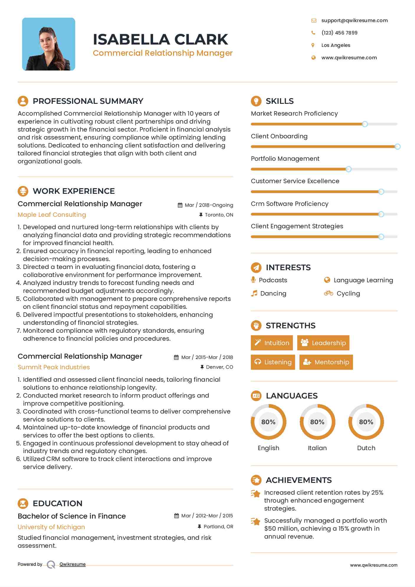 Commercial Relationship Manager Resume Sample