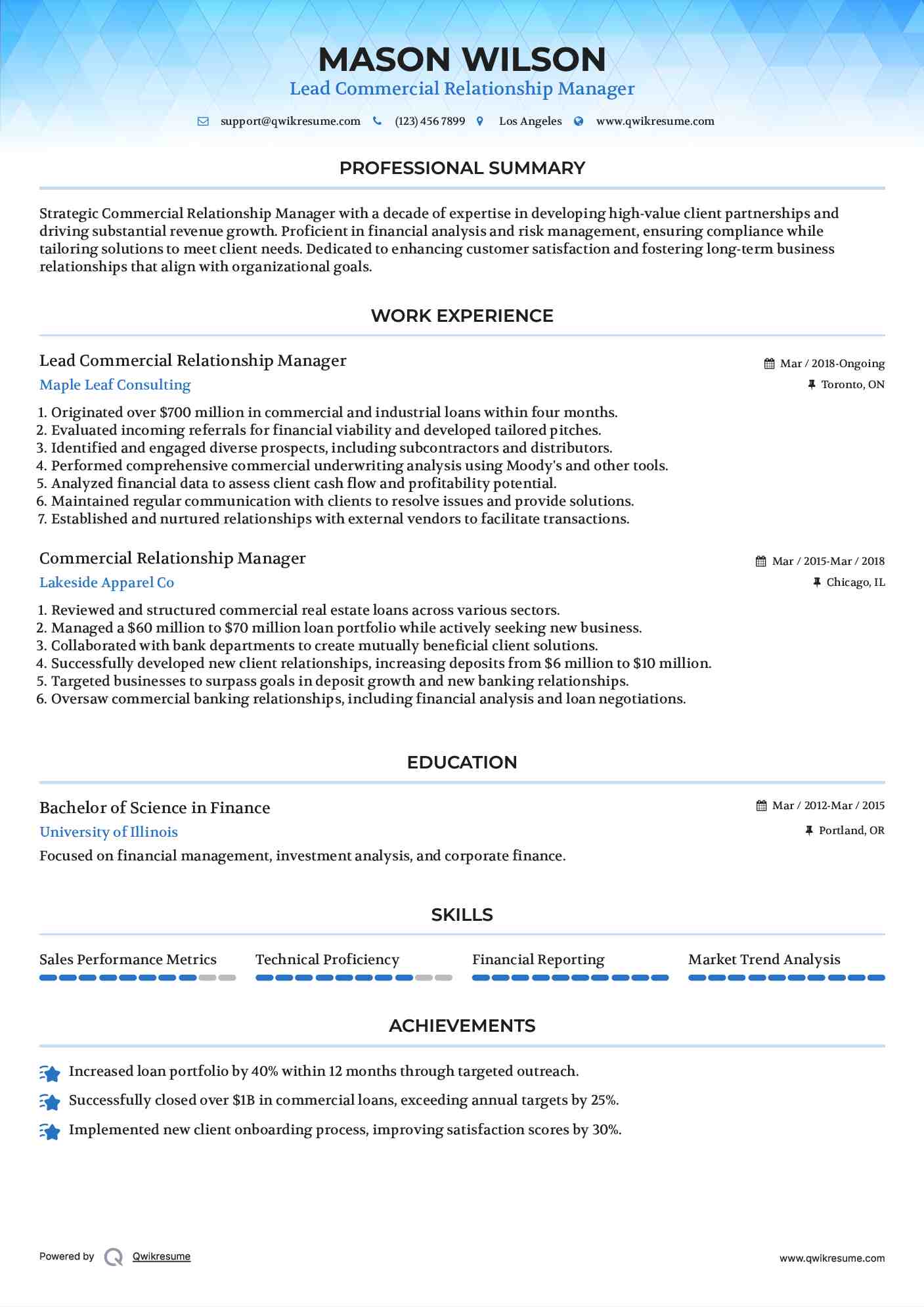 Lead Commercial Relationship Manager Resume Model