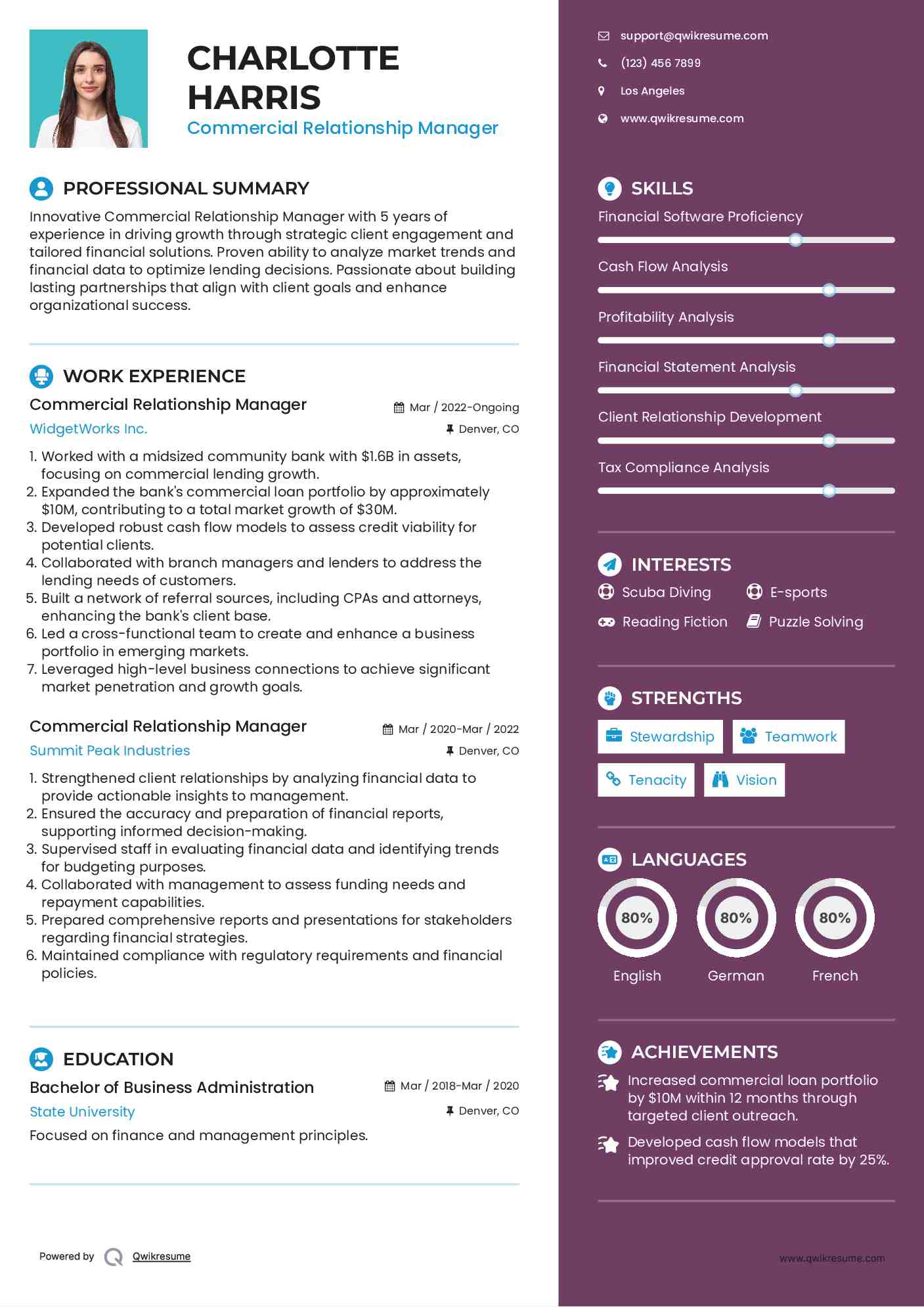 Commercial Relationship Manager Resume Sample