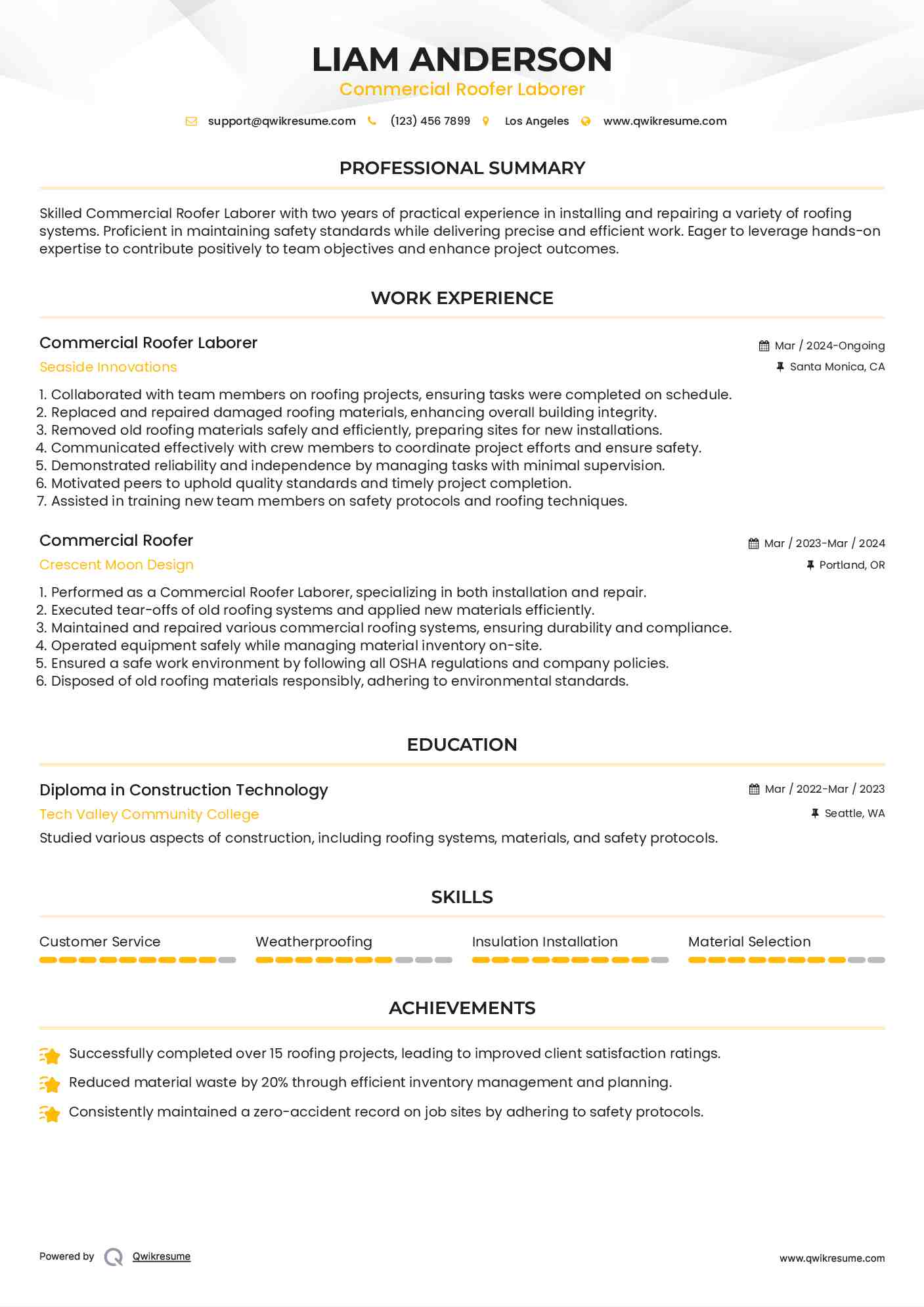 Commercial Roofer Laborer
 Resume Example