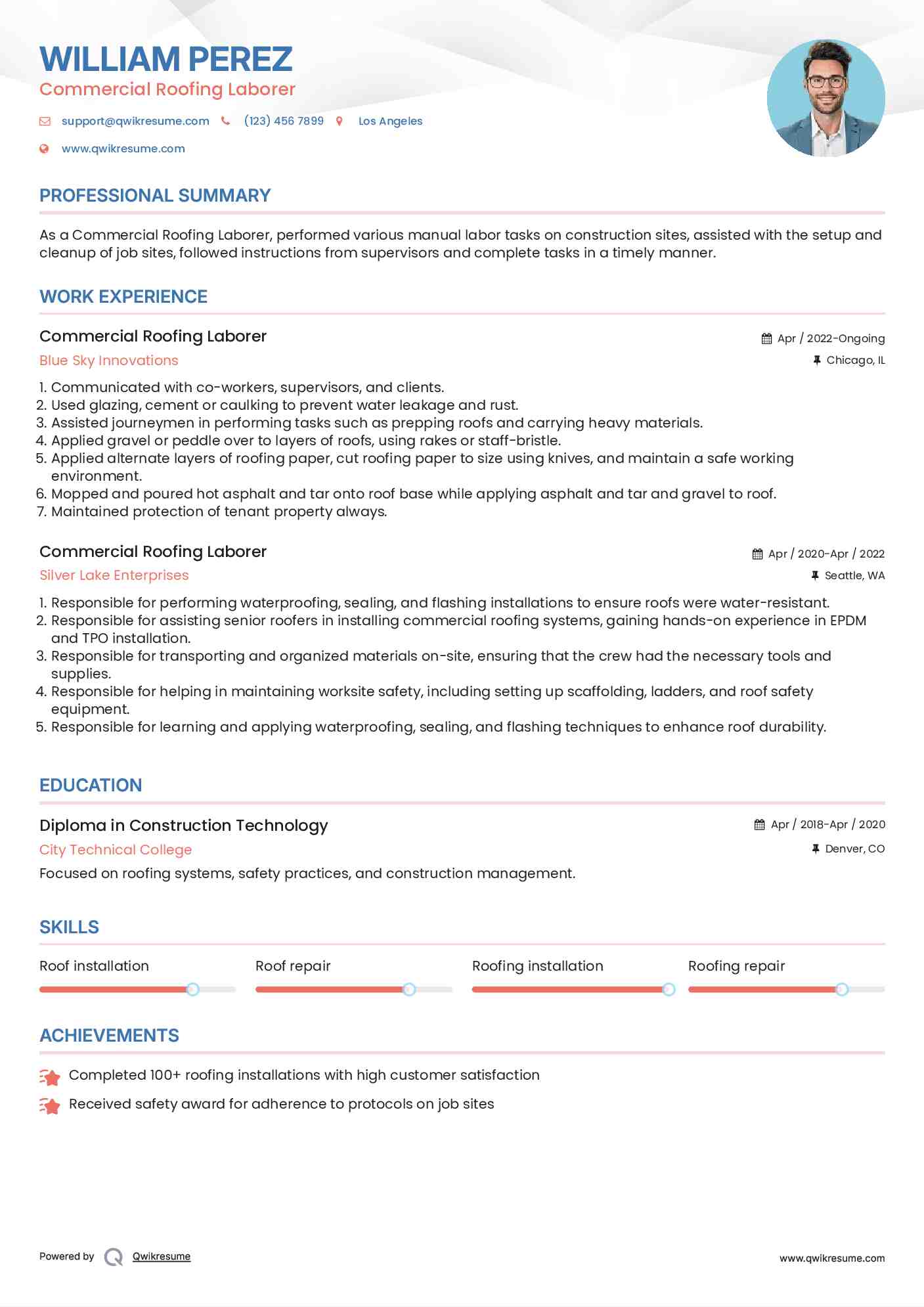 Commercial Roofing Laborer Resume Format