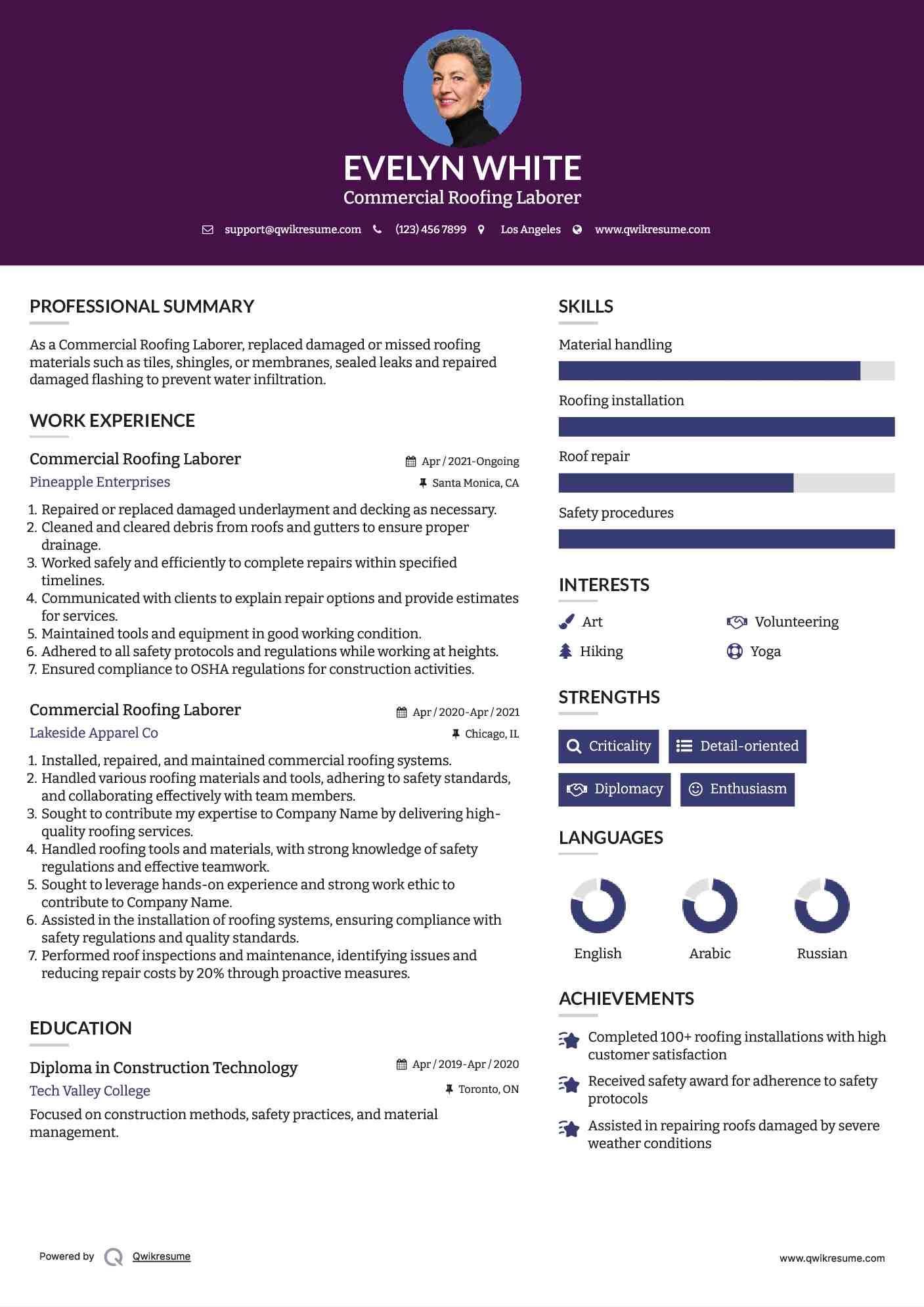 Commercial Roofing Laborer Resume Sample