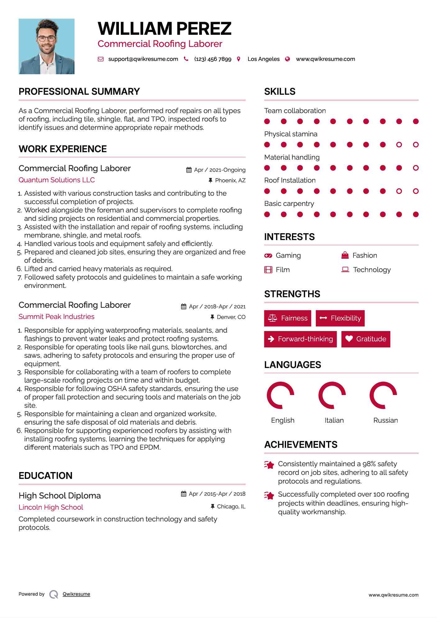 Commercial Roofing Laborer Resume Sample