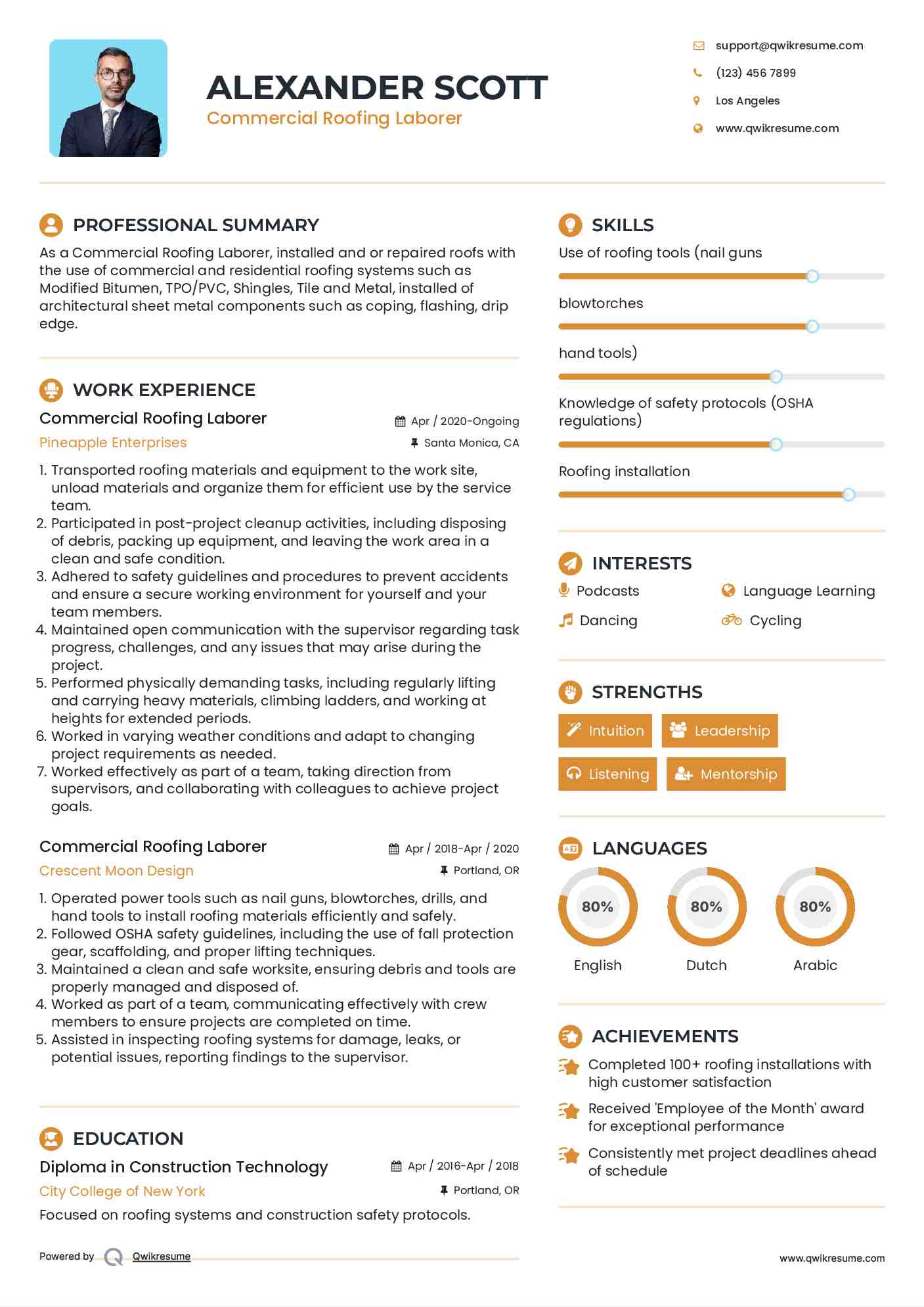 Commercial Roofing Laborer Resume Format