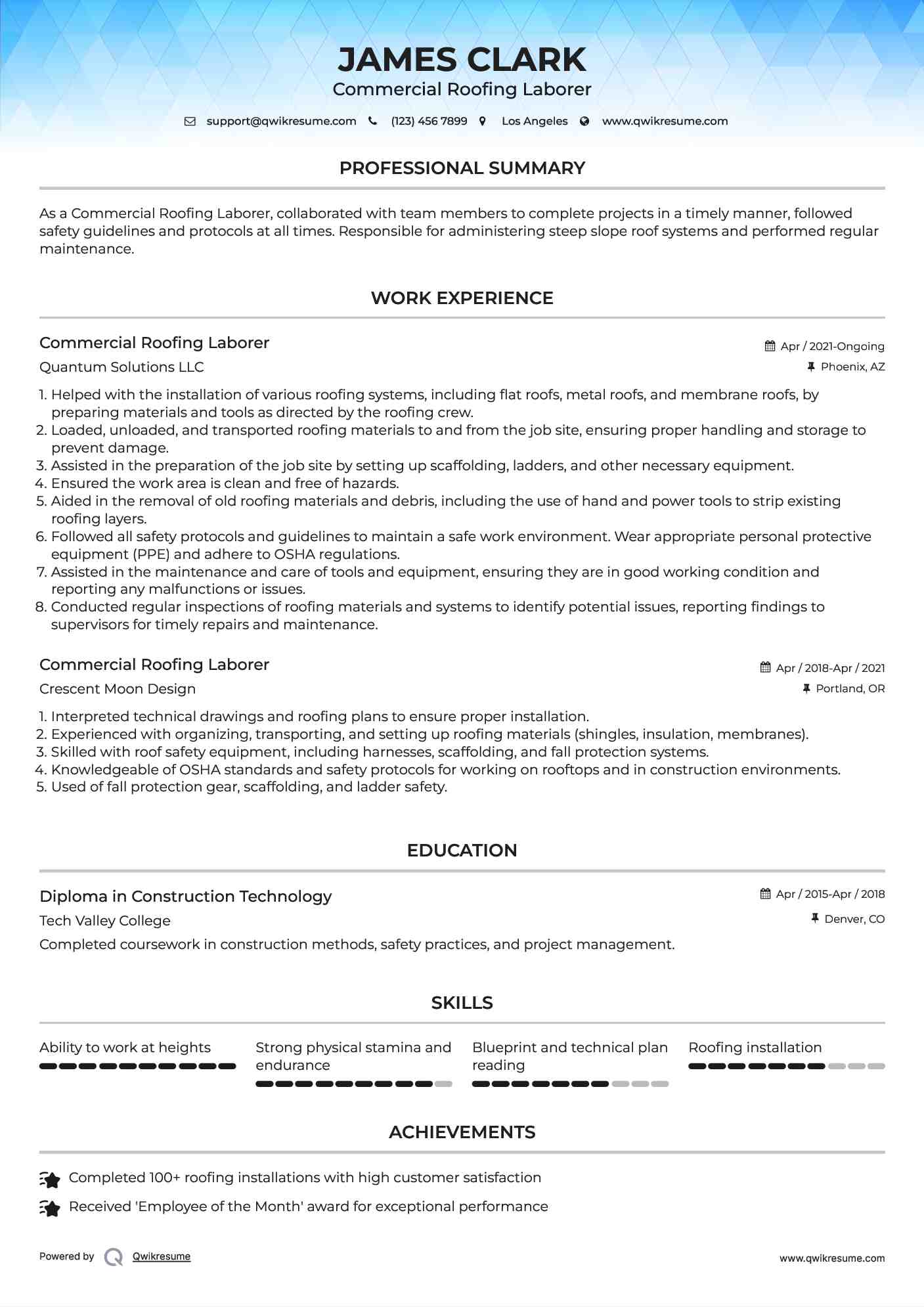 Commercial Roofing Laborer Resume Model