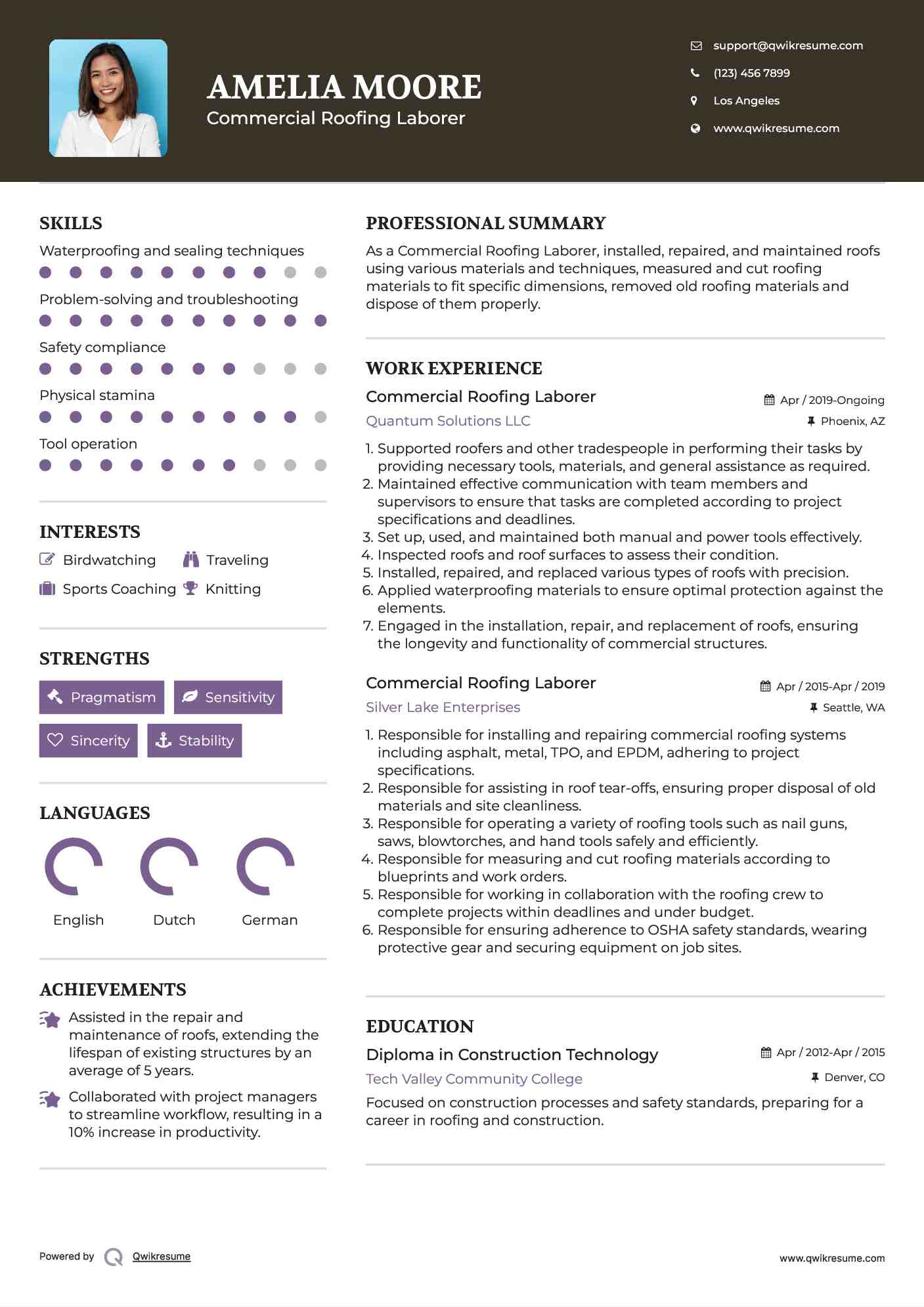 Commercial Roofing Laborer Resume Sample