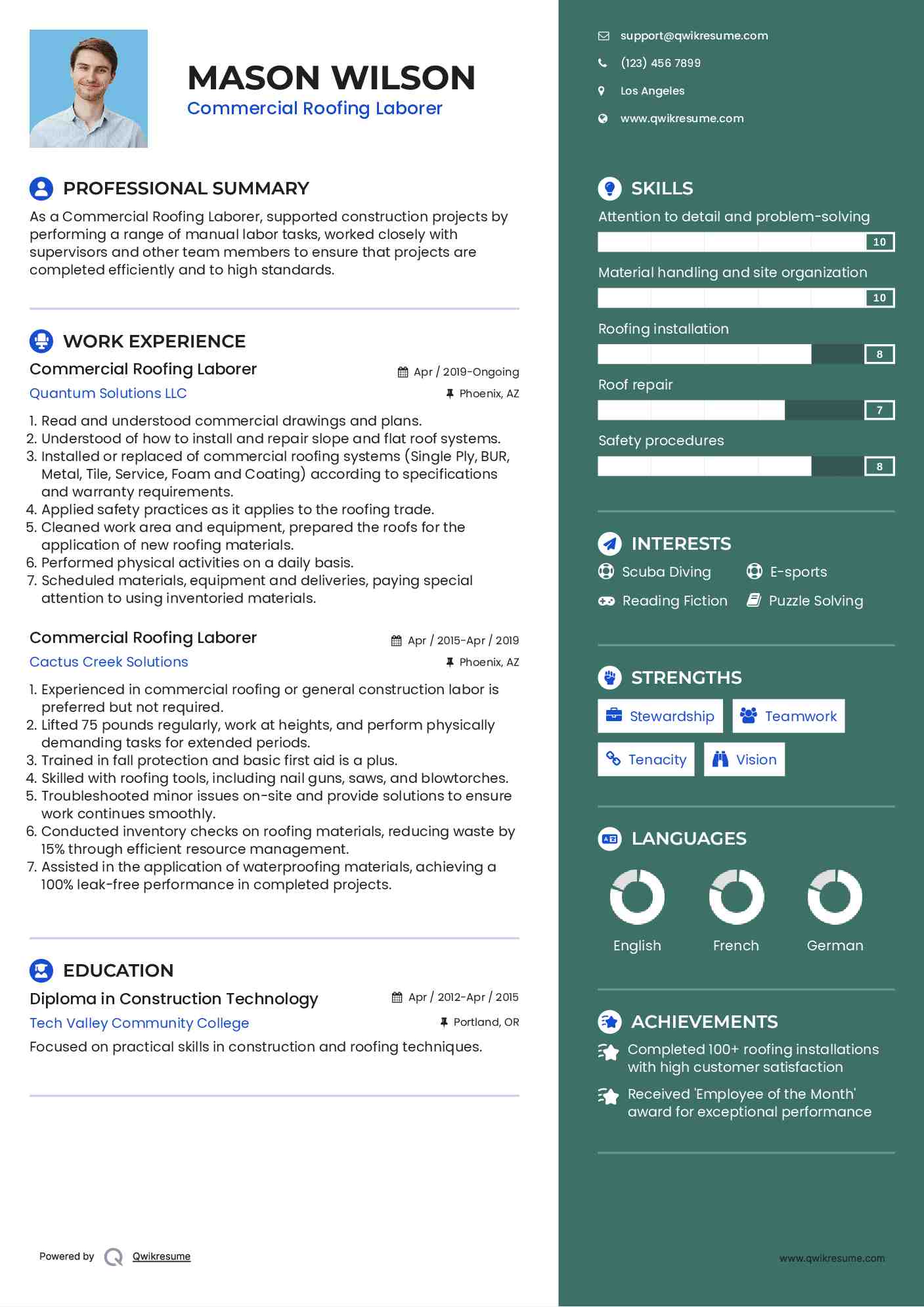 Commercial Roofing Laborer Resume Model