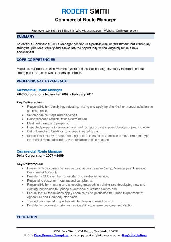 Commercial Route Manager Resume Samples QwikResume