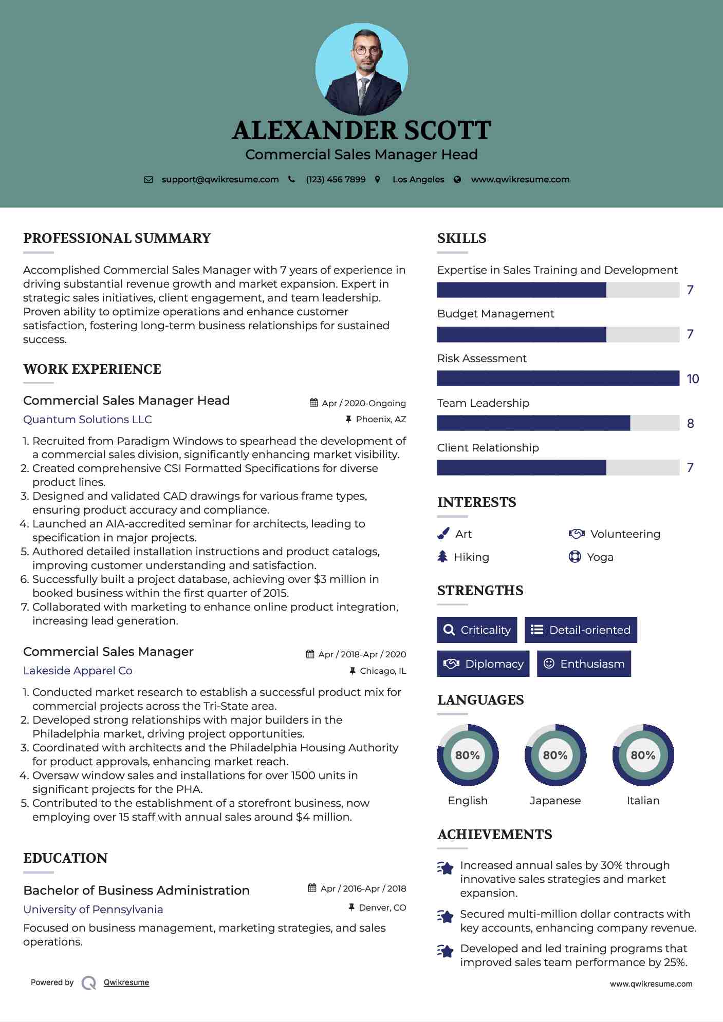 Commercial Sales Manager Head Resume Sample
