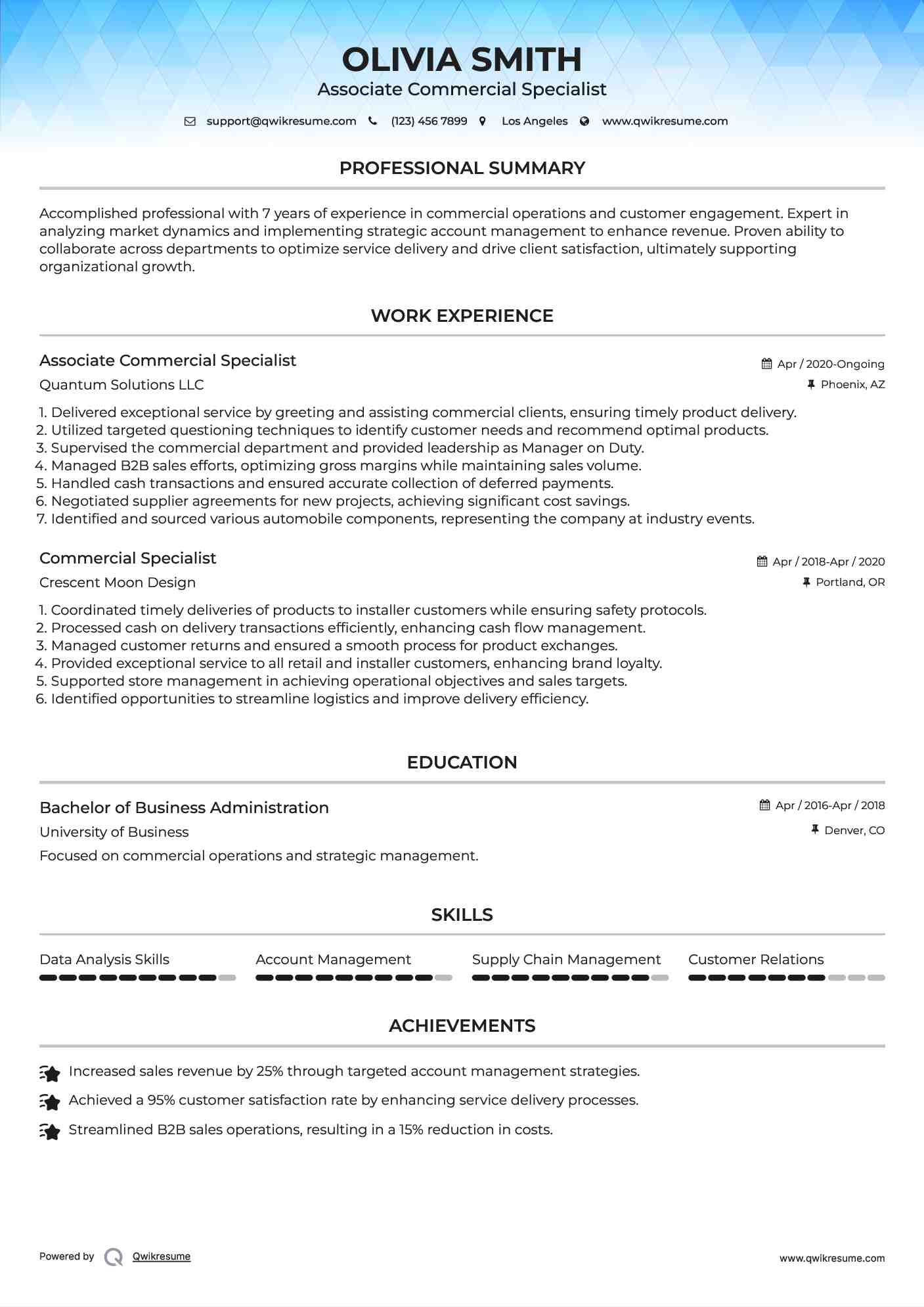 Associate Commercial Specialist Resume Sample