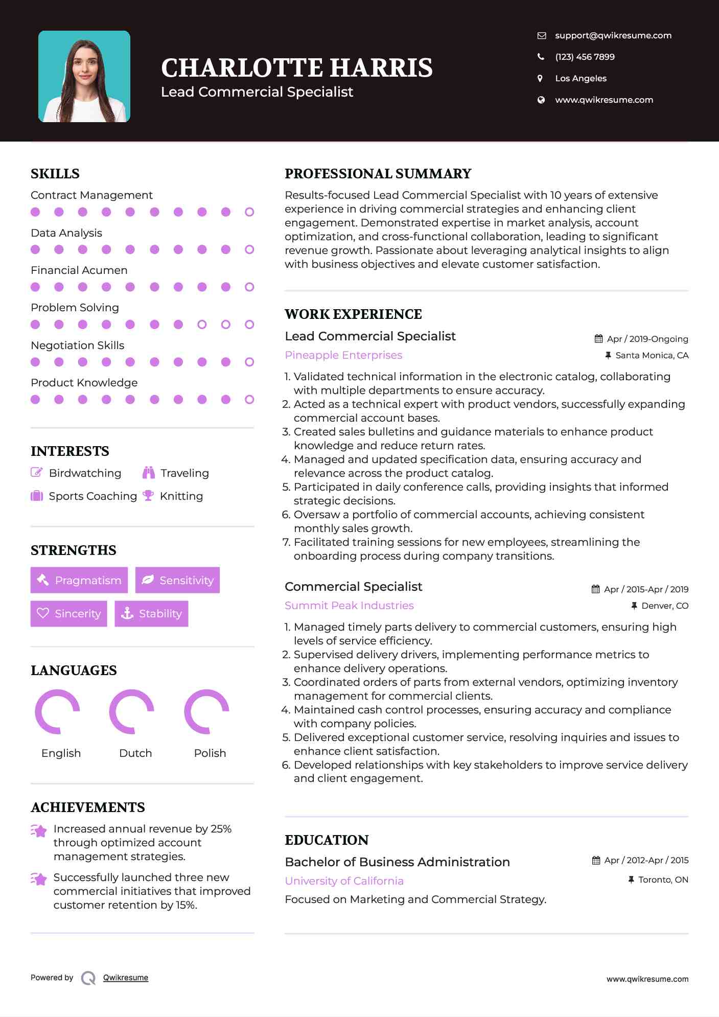 Lead Commercial Specialist Resume Template