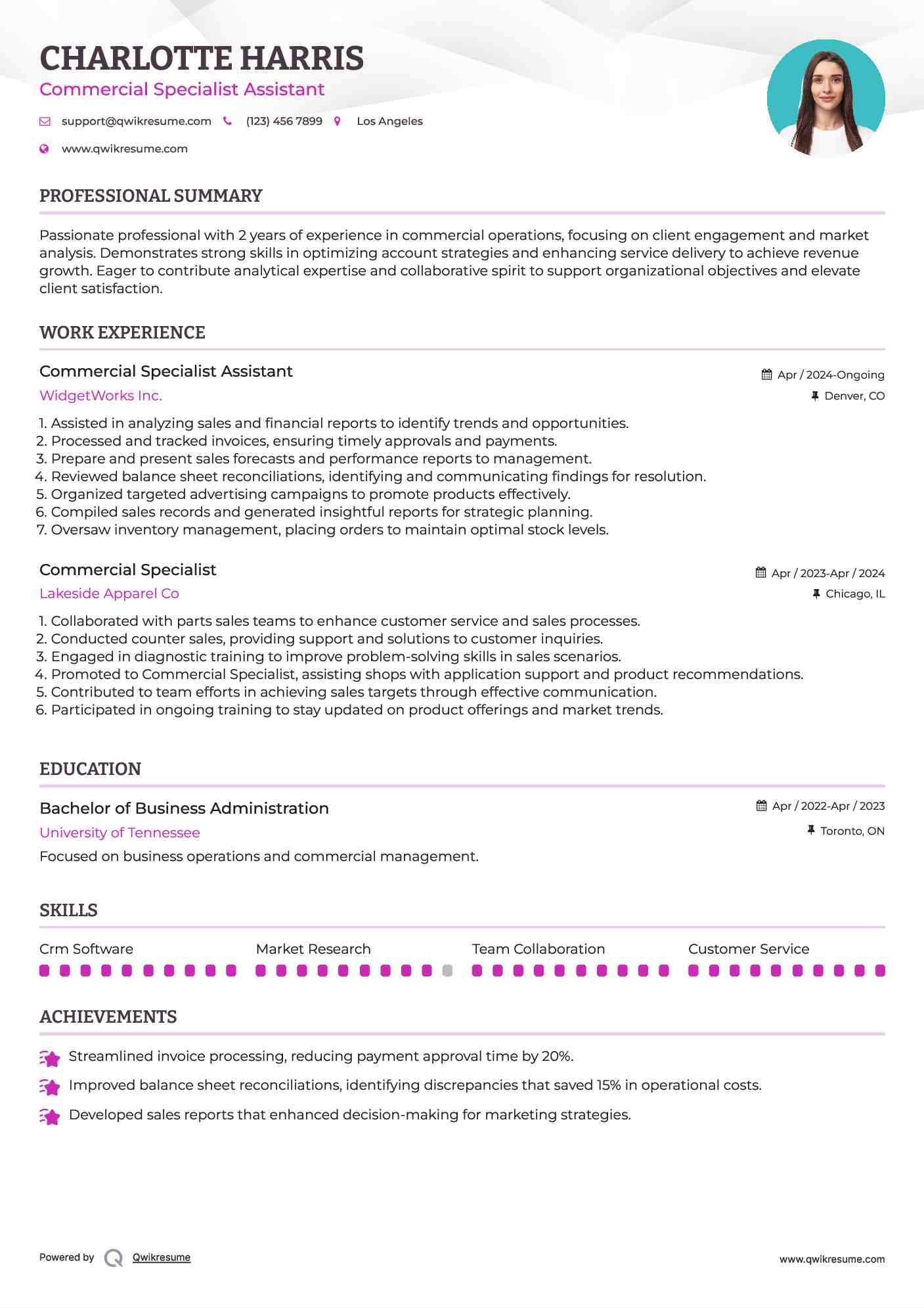 Commercial Specialist Assistant Resume Sample