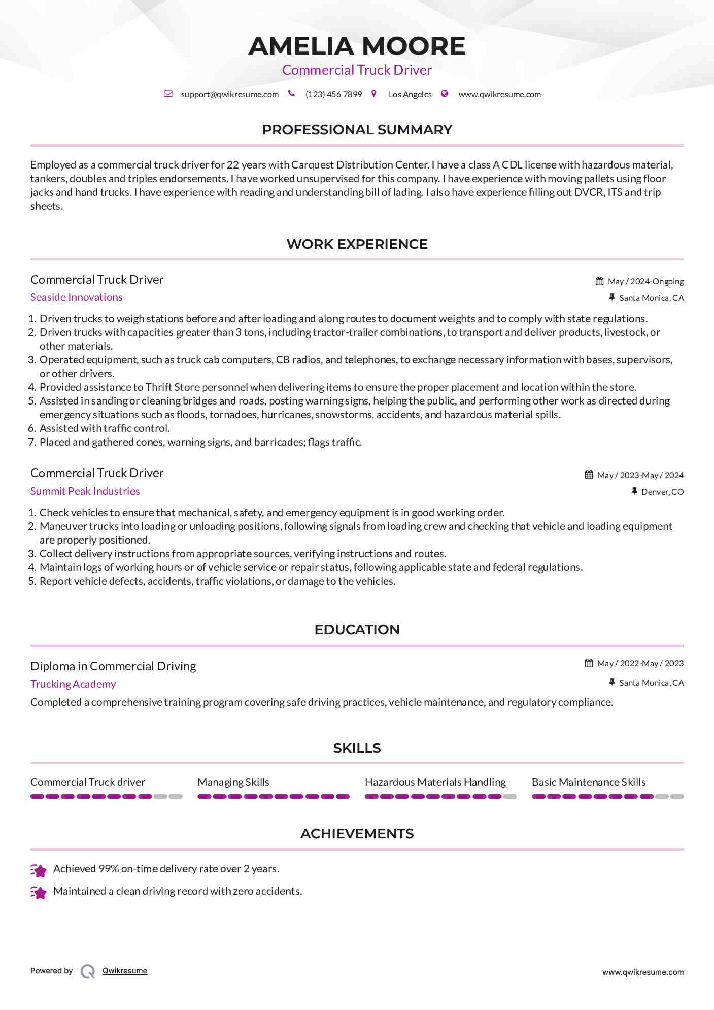 Commercial Truck Driver Resume Template
