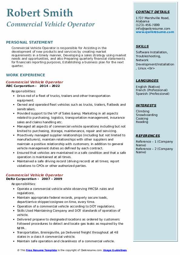 Commercial Vehicle Operator Resume Samples QwikResume