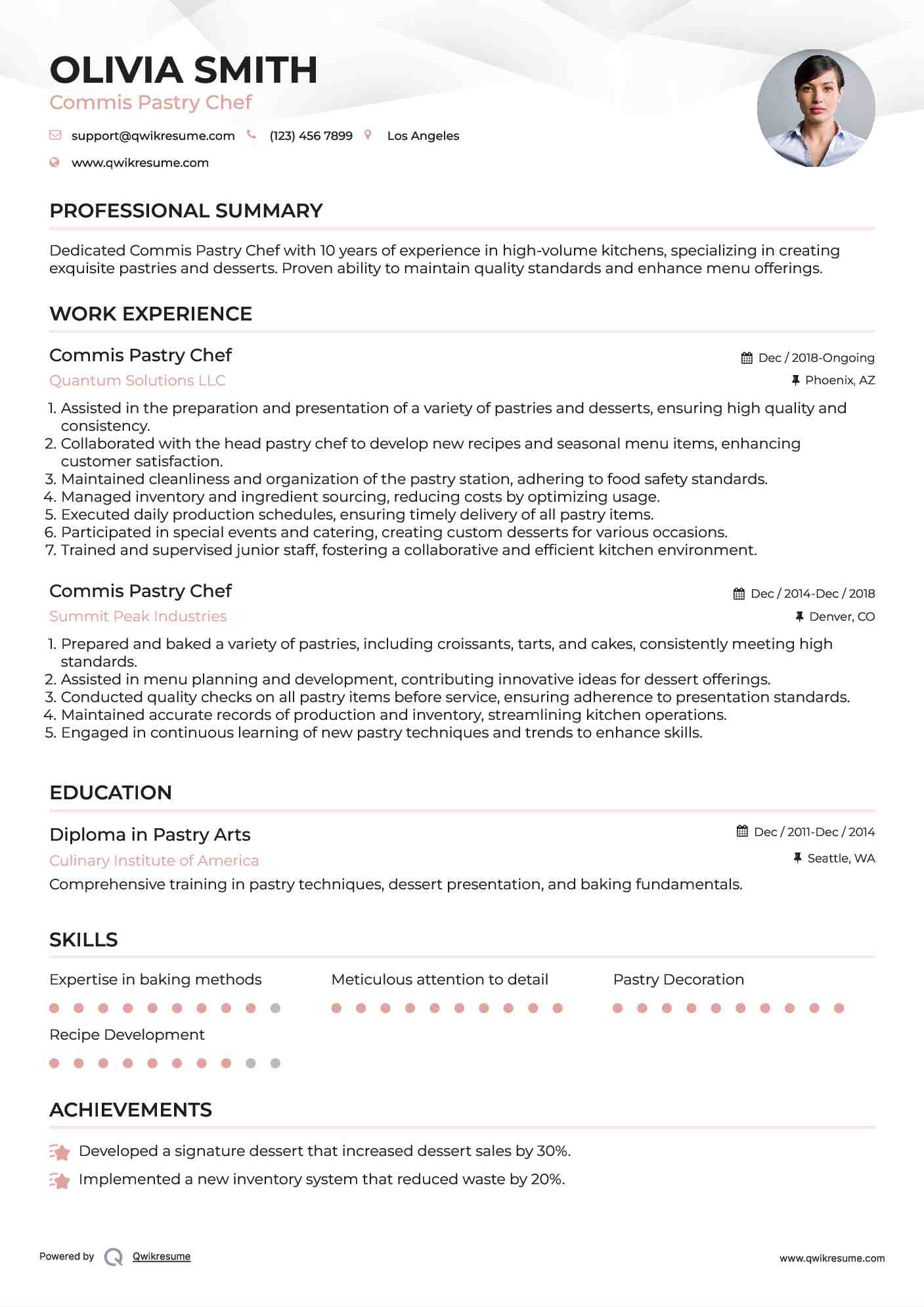 Commis Pastry Chef Resume Example
