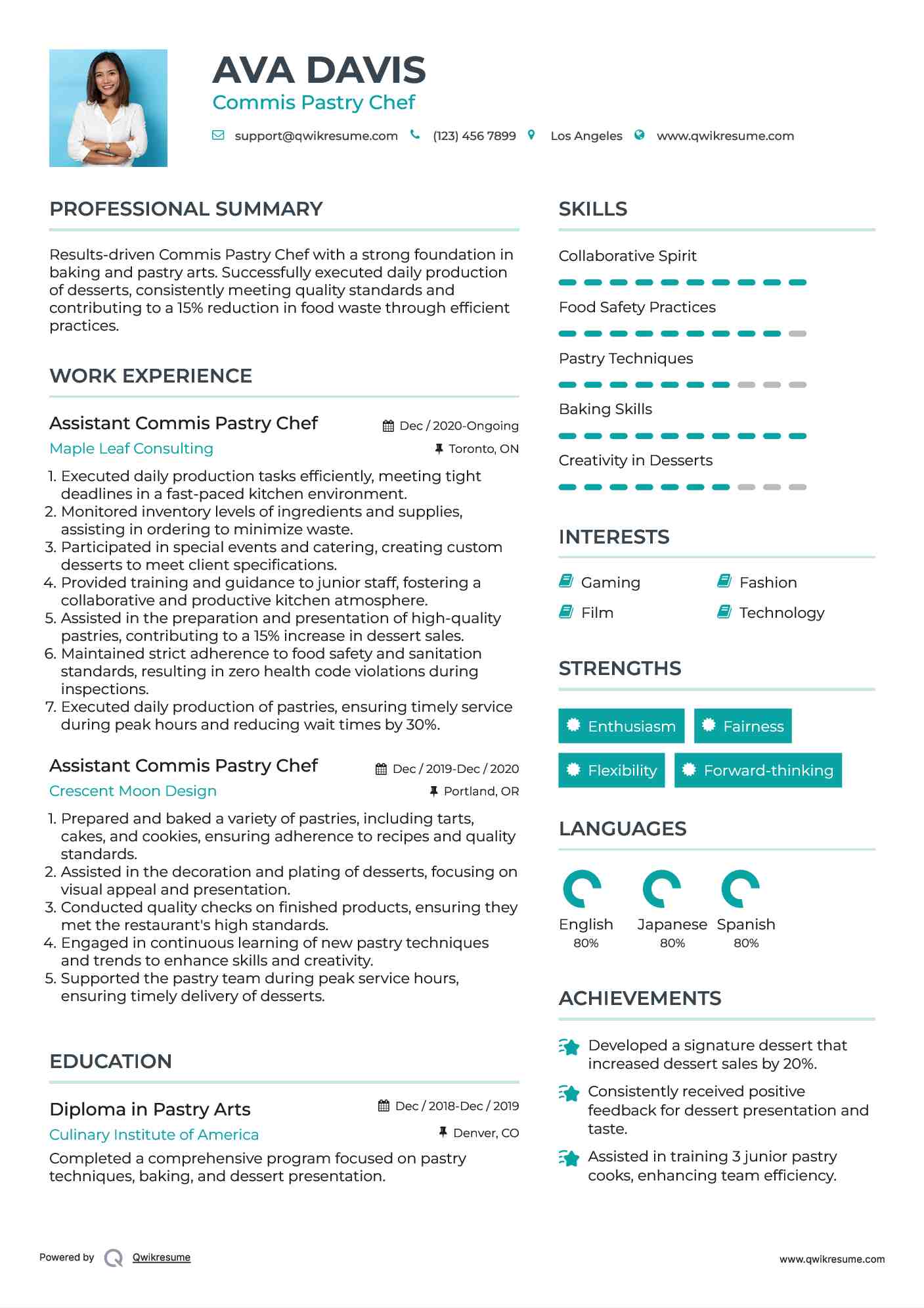 Assistant Commis Pastry Chef Resume Template