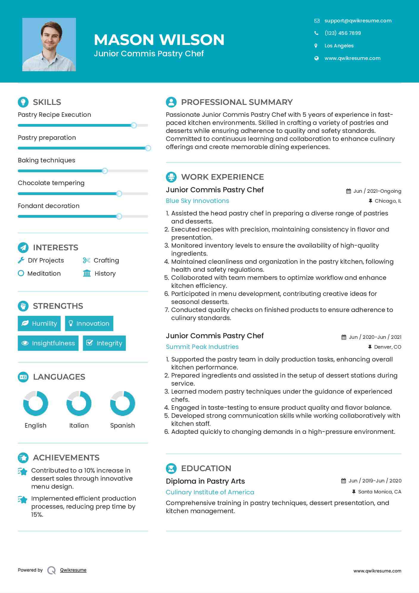 Junior Commis Pastry Chef Resume Model