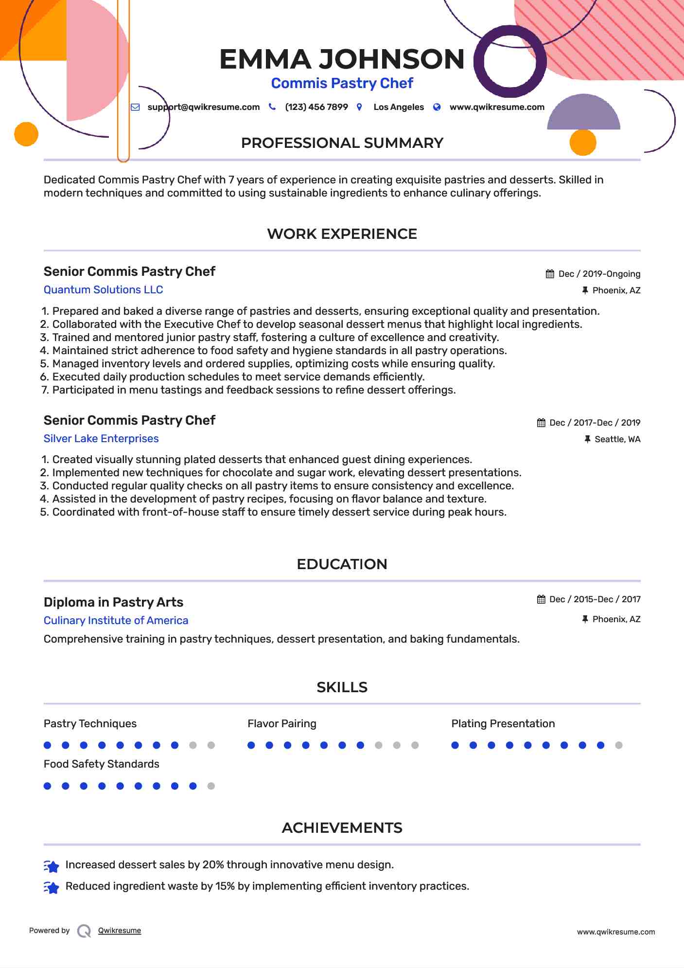 Senior Commis Pastry Chef Resume Example