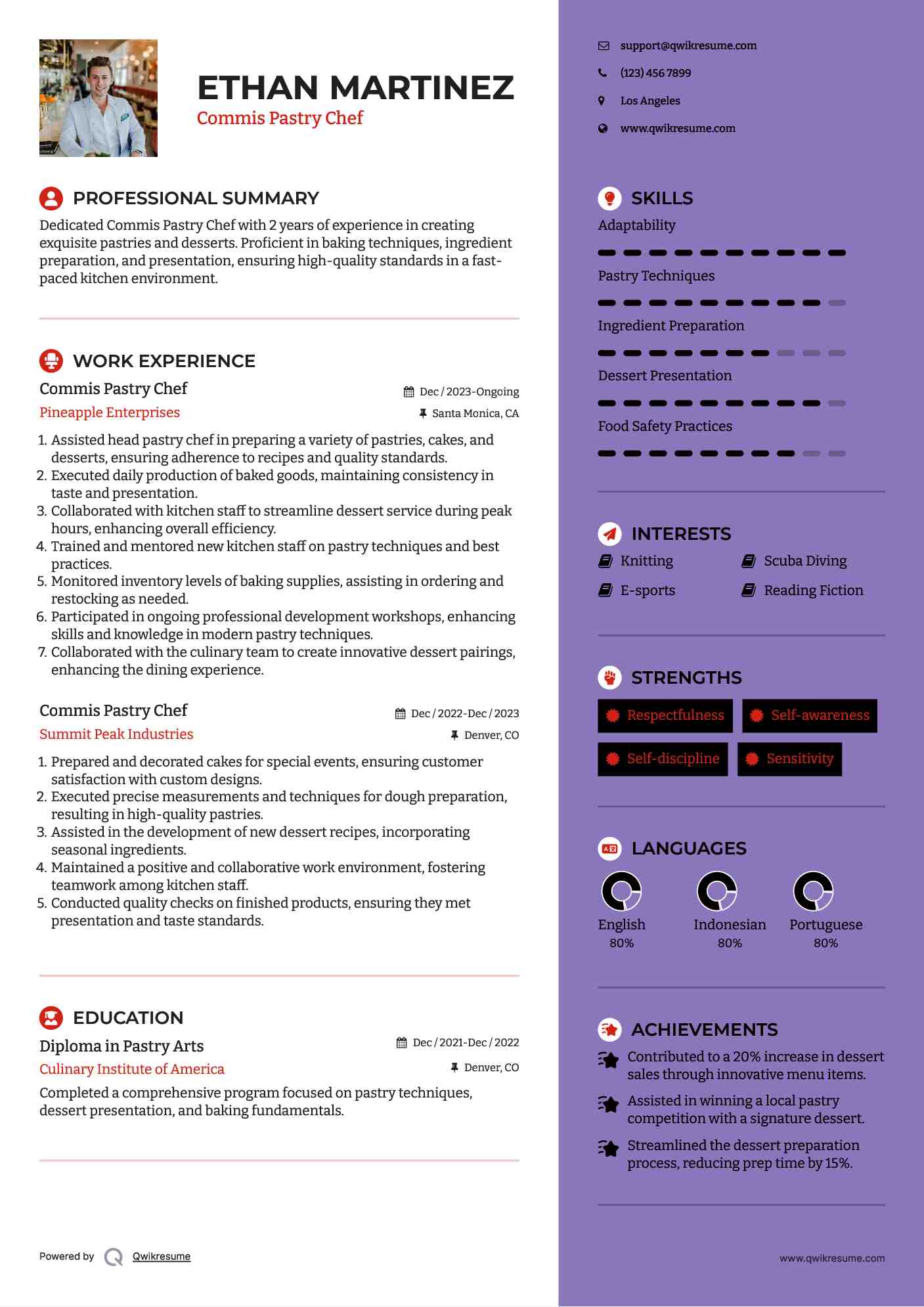 Commis Pastry Chef Resume Format