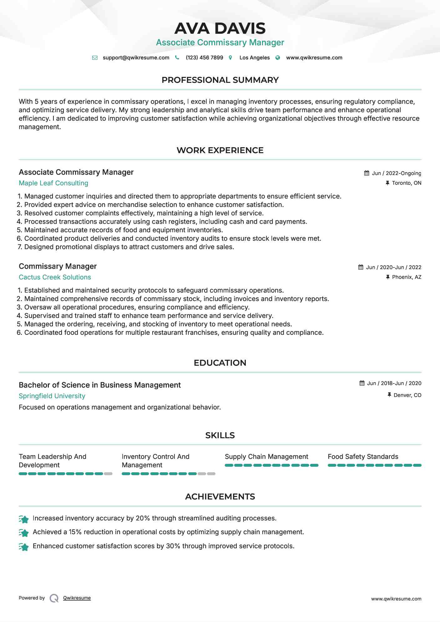 Associate Commissary Manager Resume Example