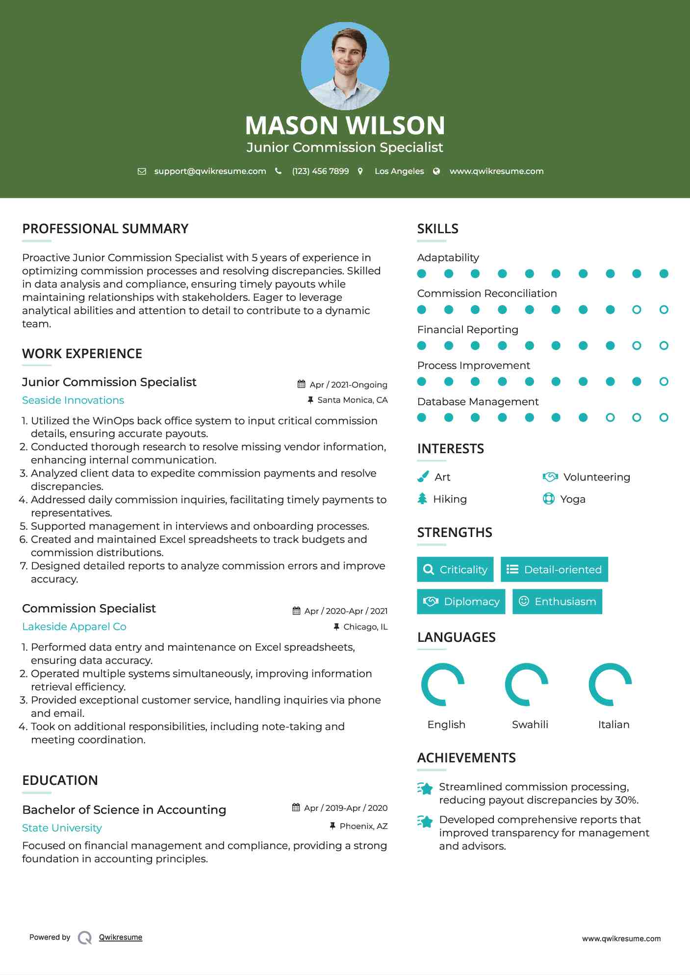 Junior Commission Specialist Resume Model
