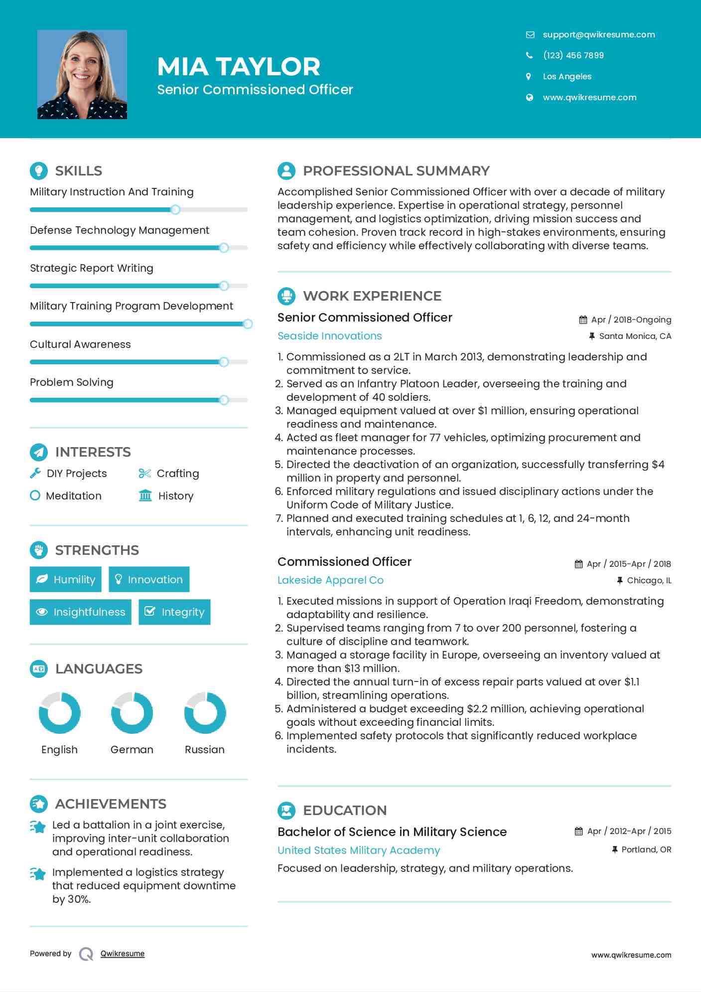 Senior Commissioned Officer Resume Model