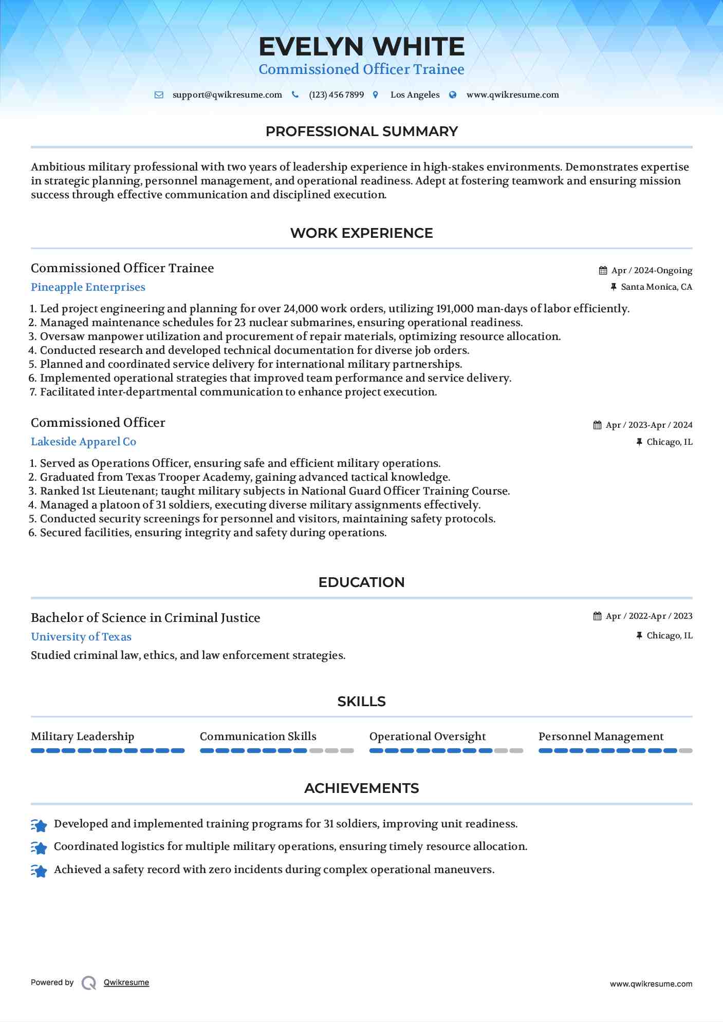 Commissioned Officer Trainee Resume Model