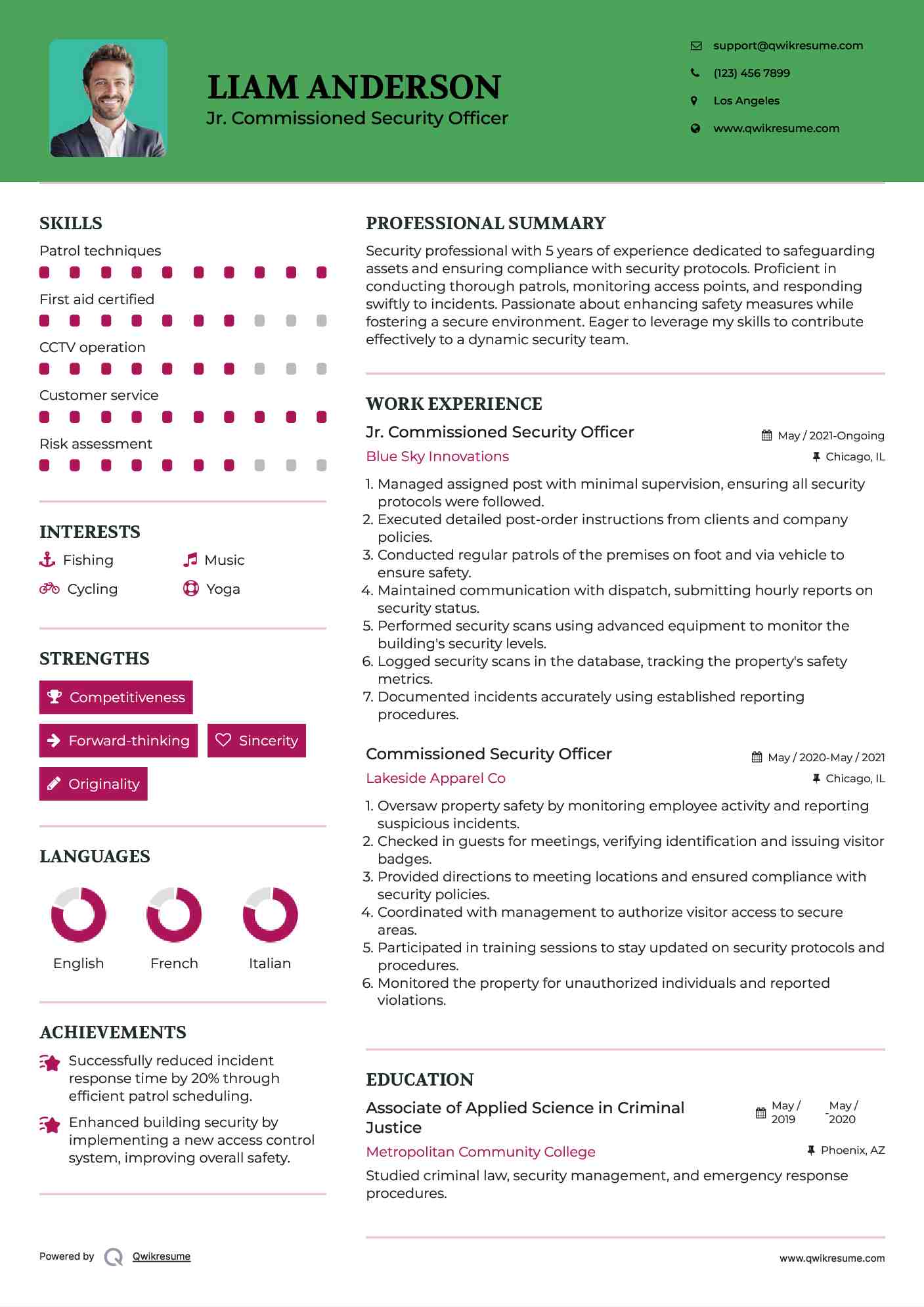 Jr. Commissioned Security Officer Resume Example