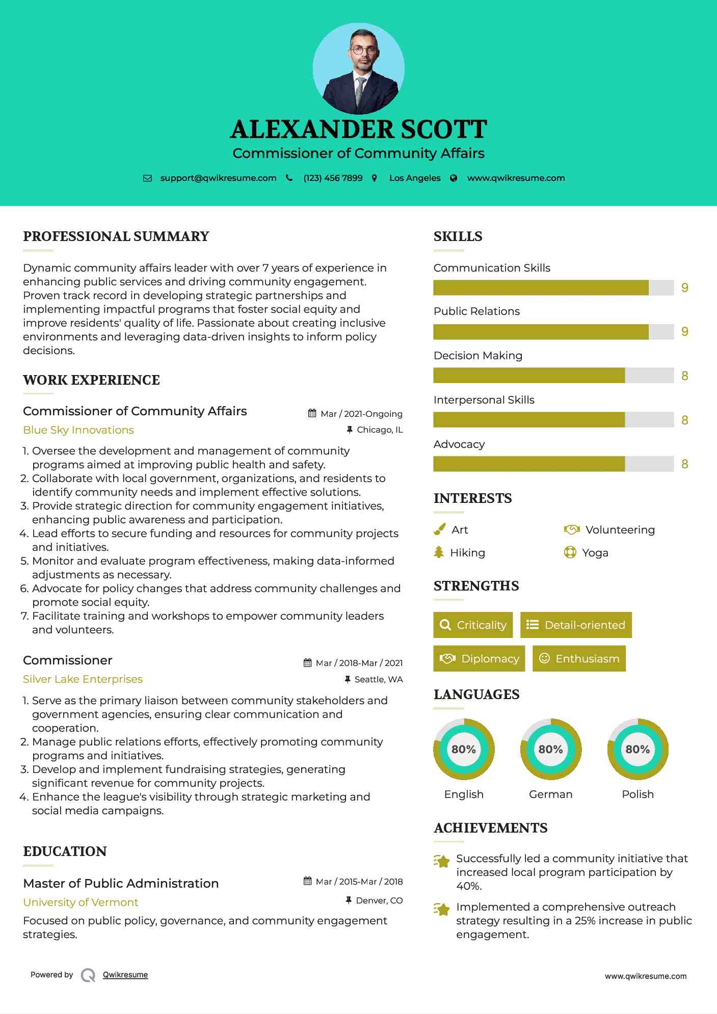 Commissioner of Community Affairs Resume Example