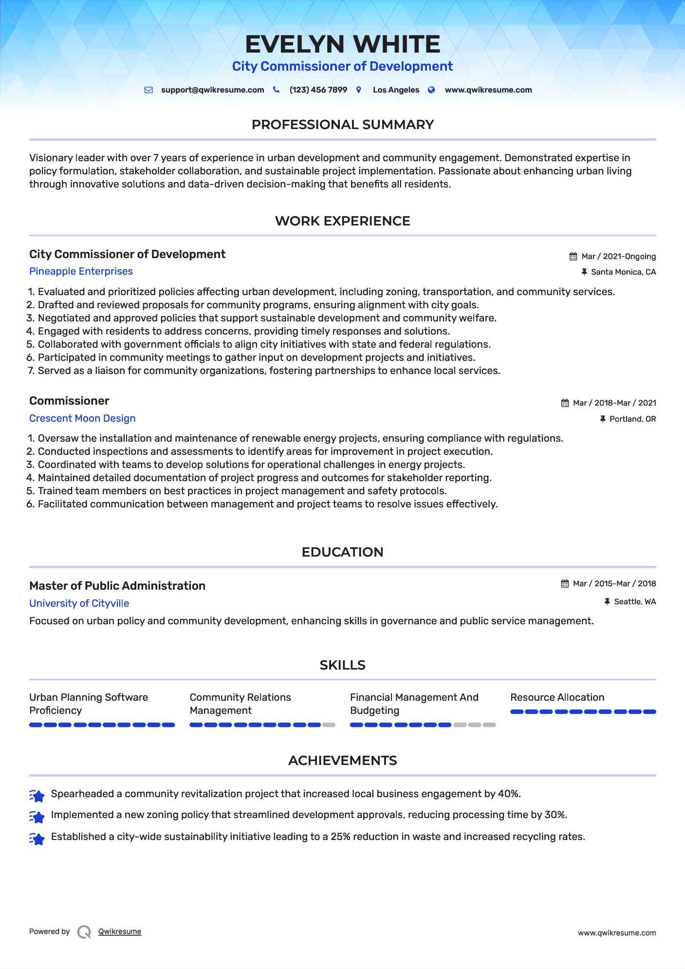City Commissioner of Development Resume Format