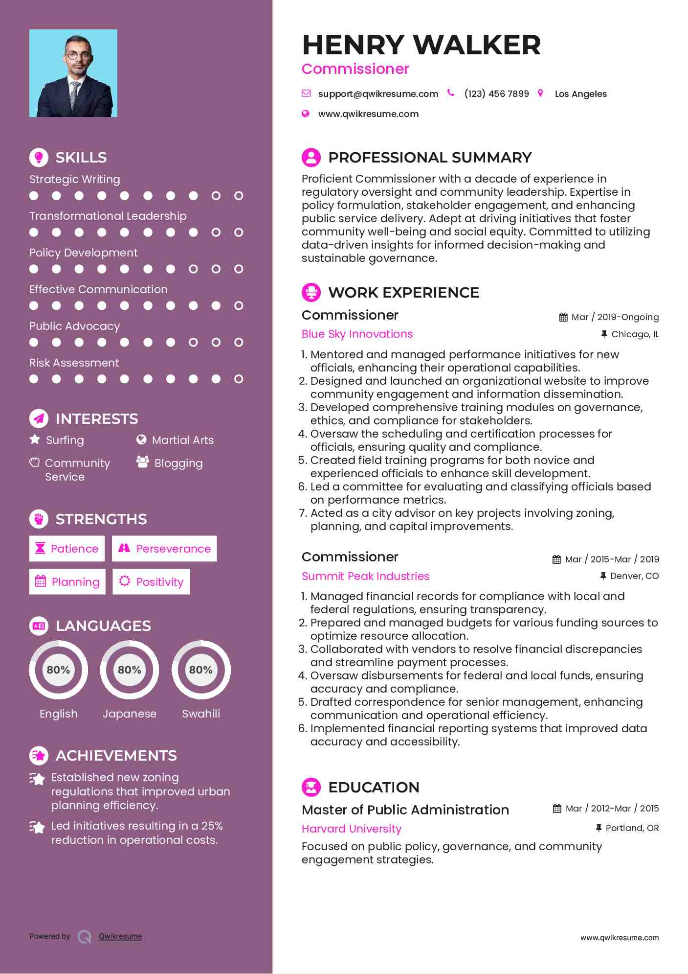 Commissioner Resume Sample