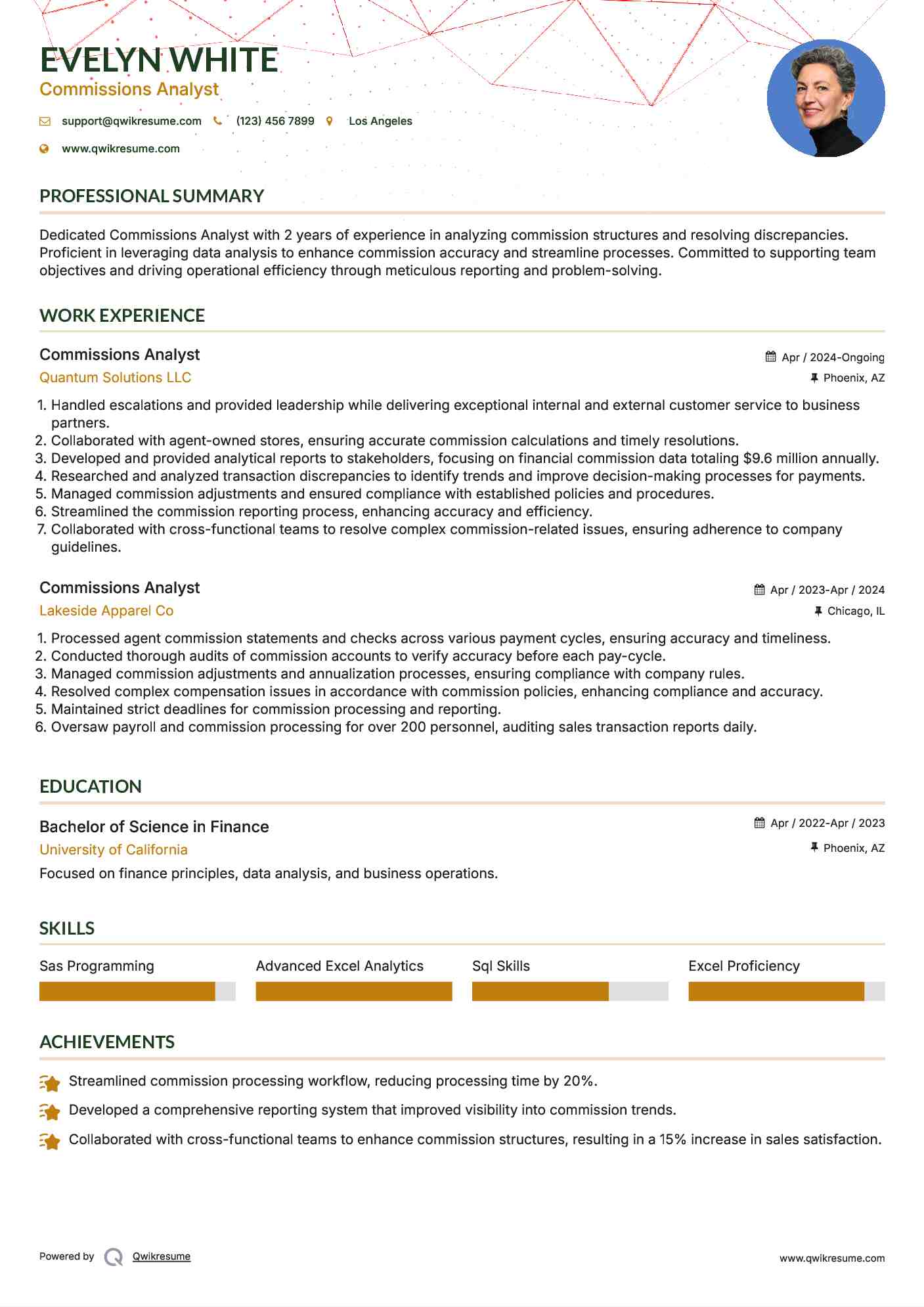 Commissions Analyst Resume Example