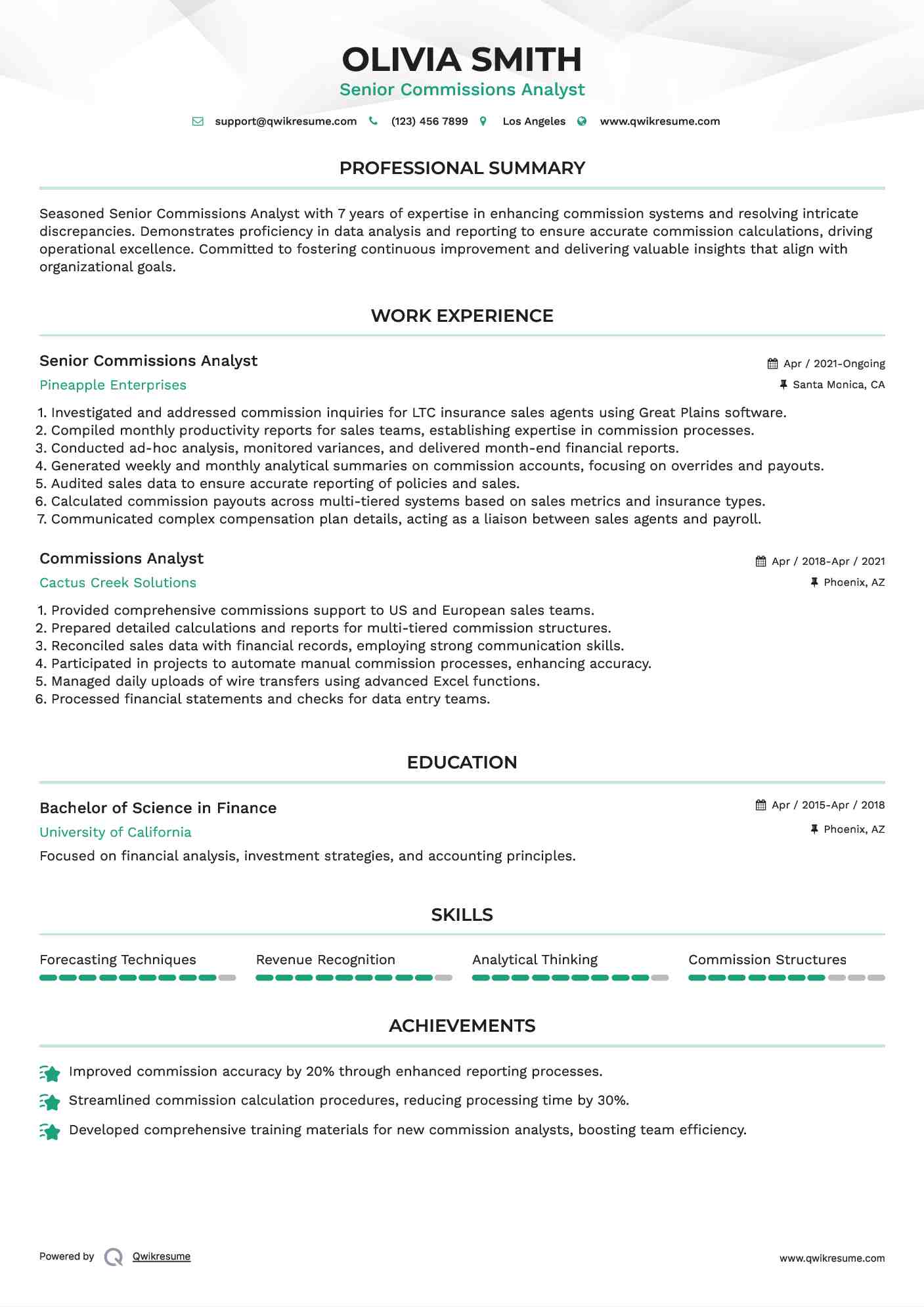 Senior Commissions Analyst Resume Sample