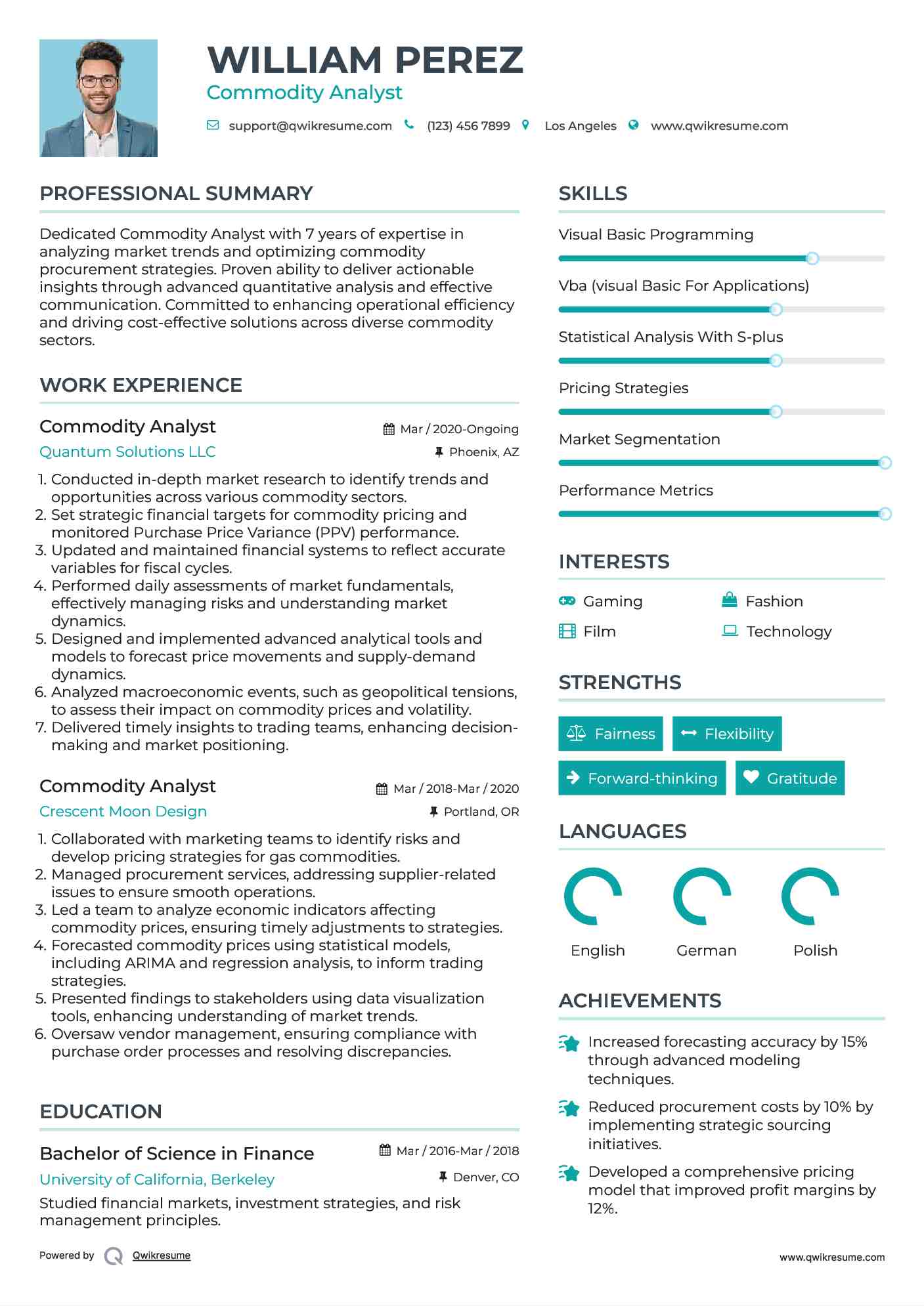 Commodity Analyst Resume Sample
