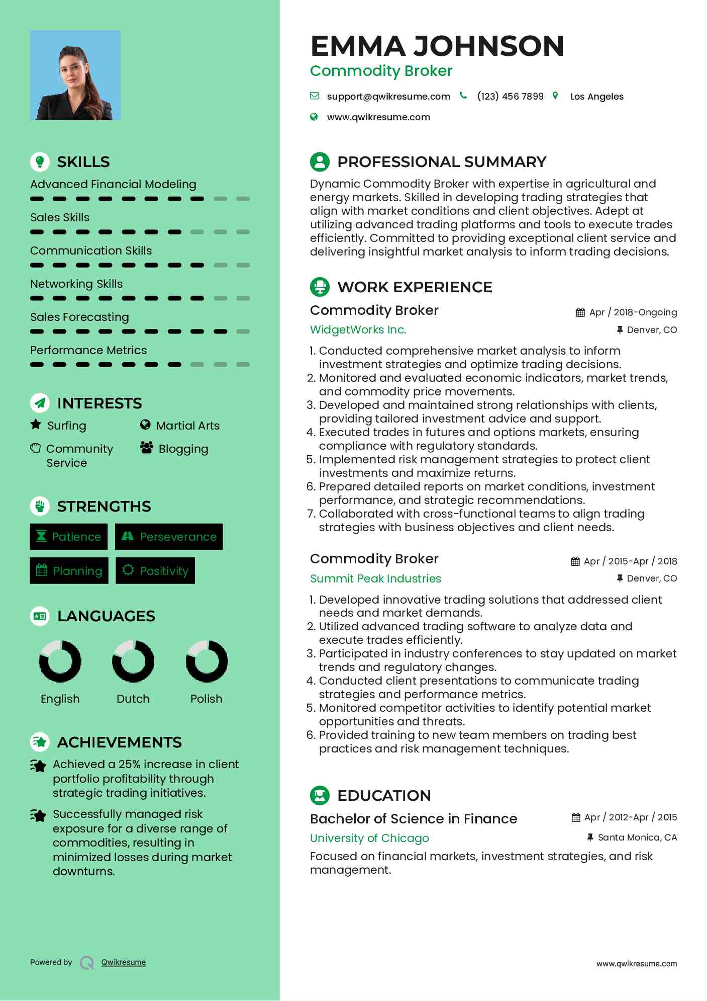 Commodity Broker Resume Sample