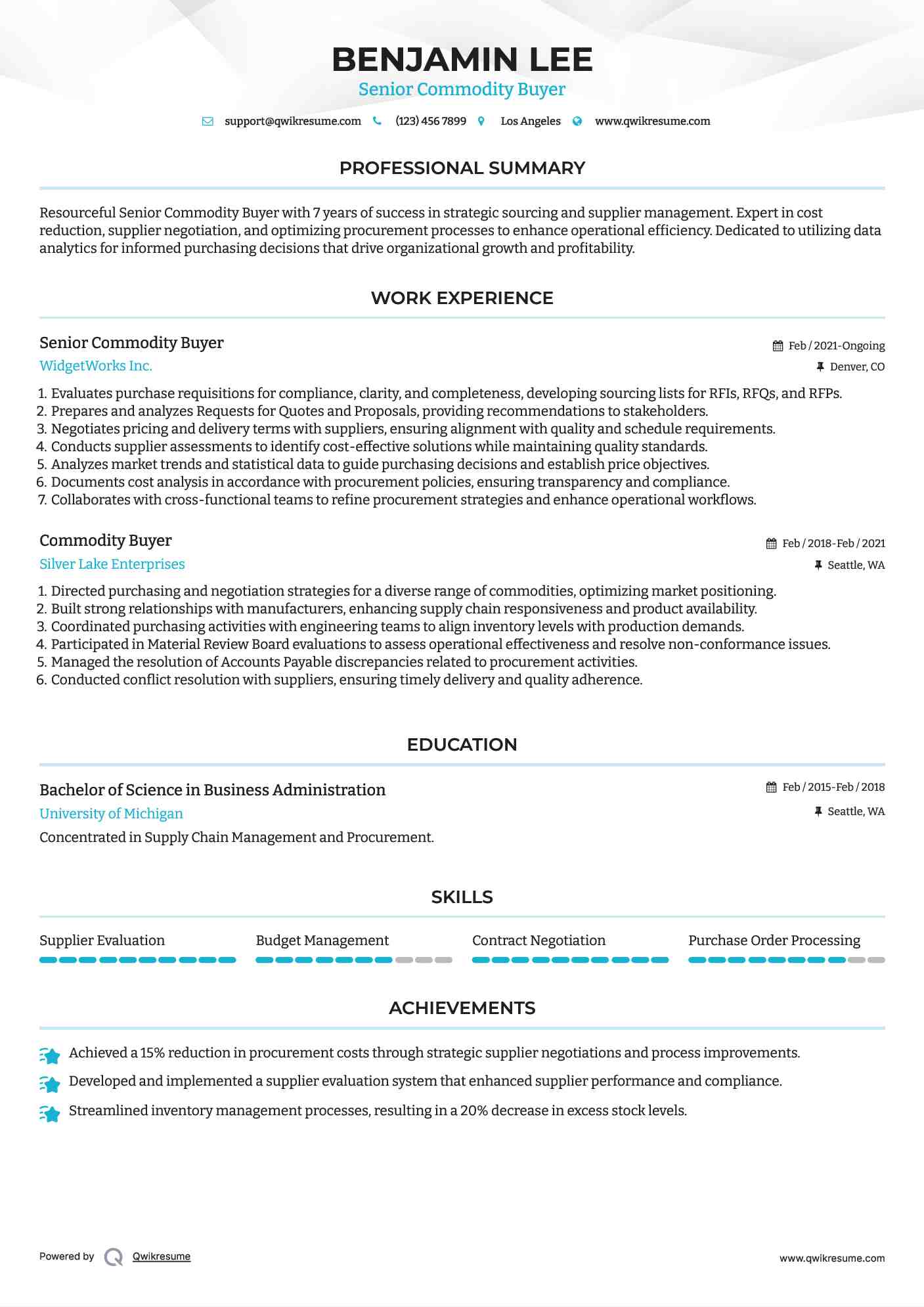 Senior Commodity Buyer Resume Model