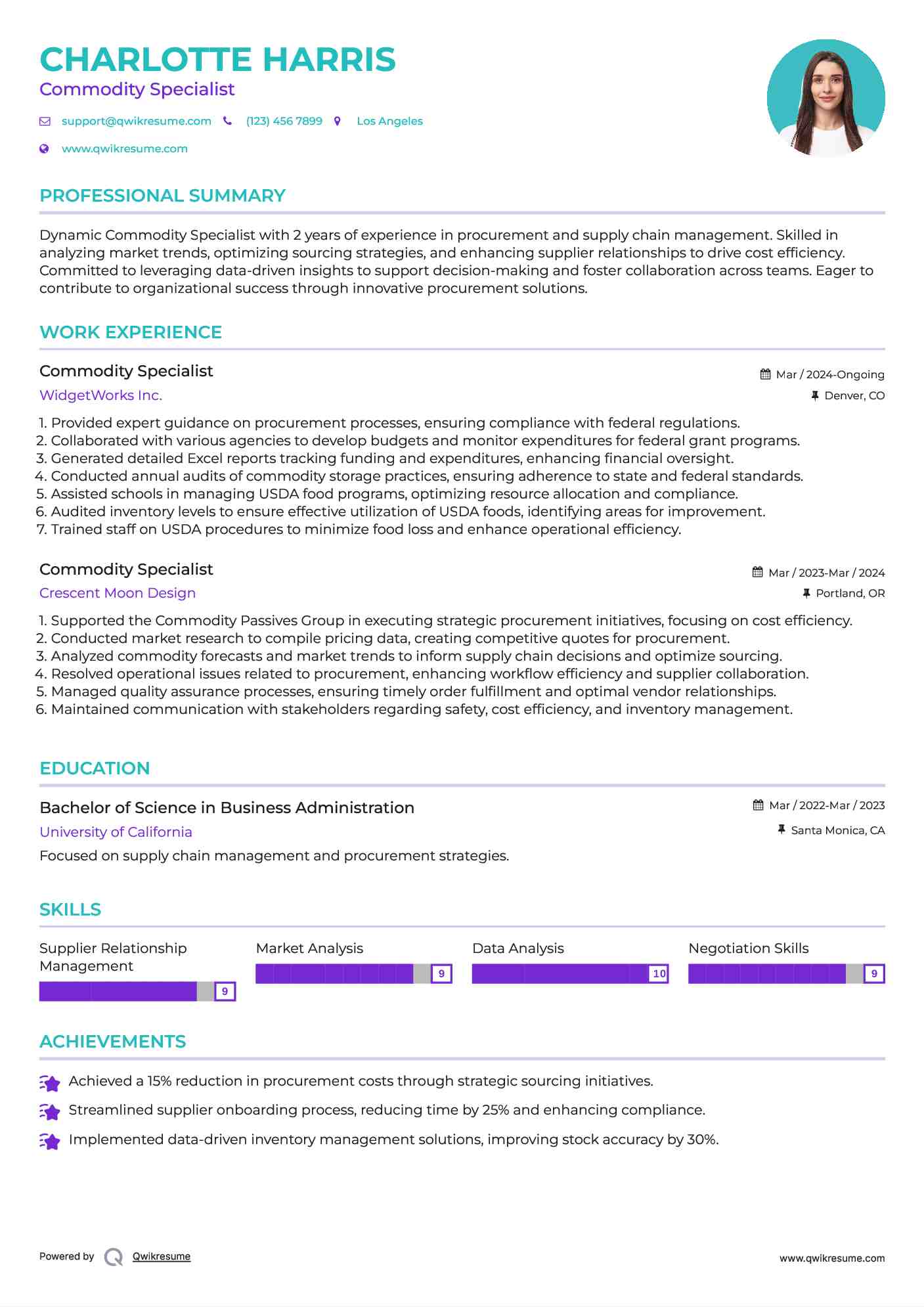 Commodity Specialist Resume Example