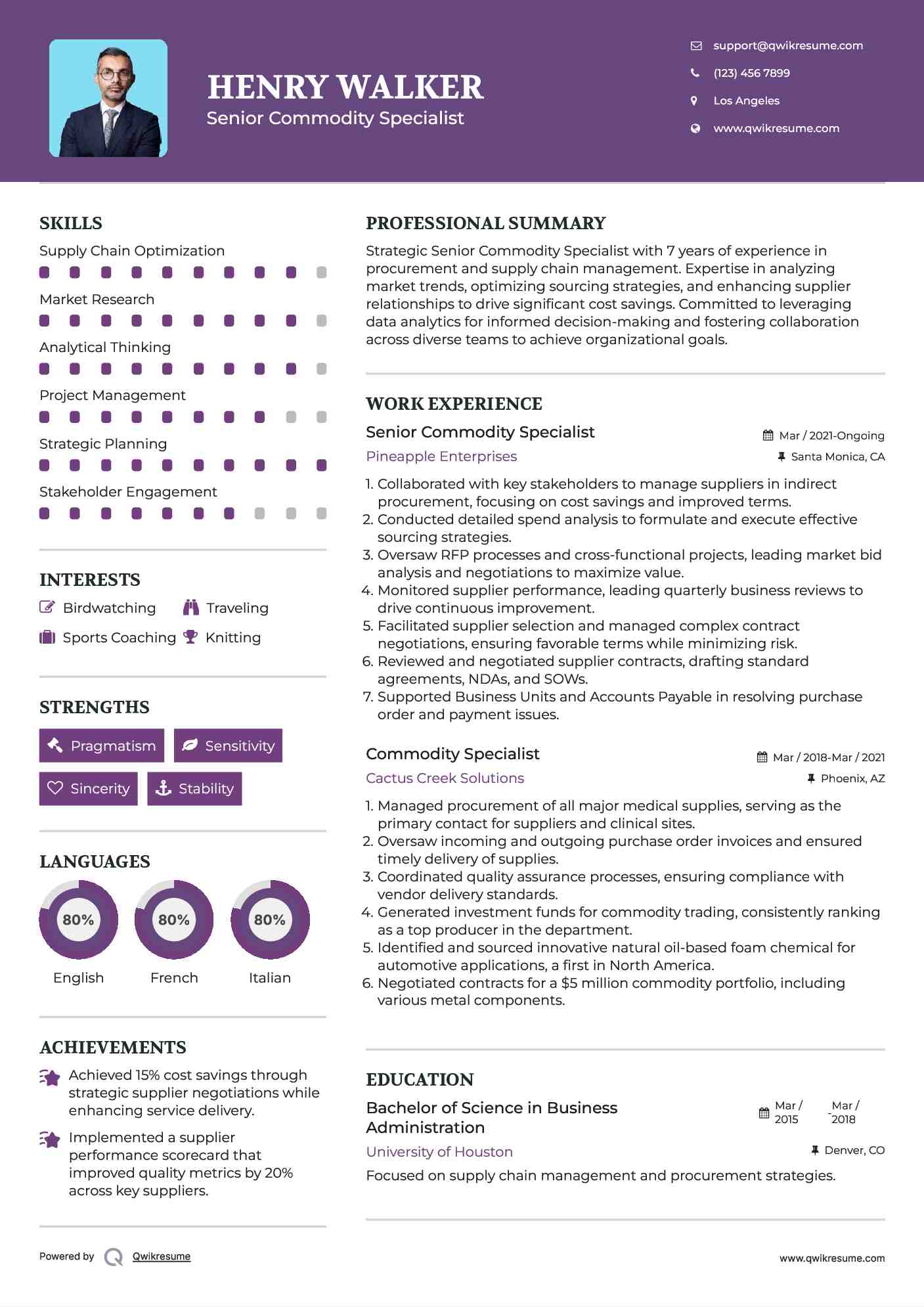 Senior Commodity Specialist Resume Example