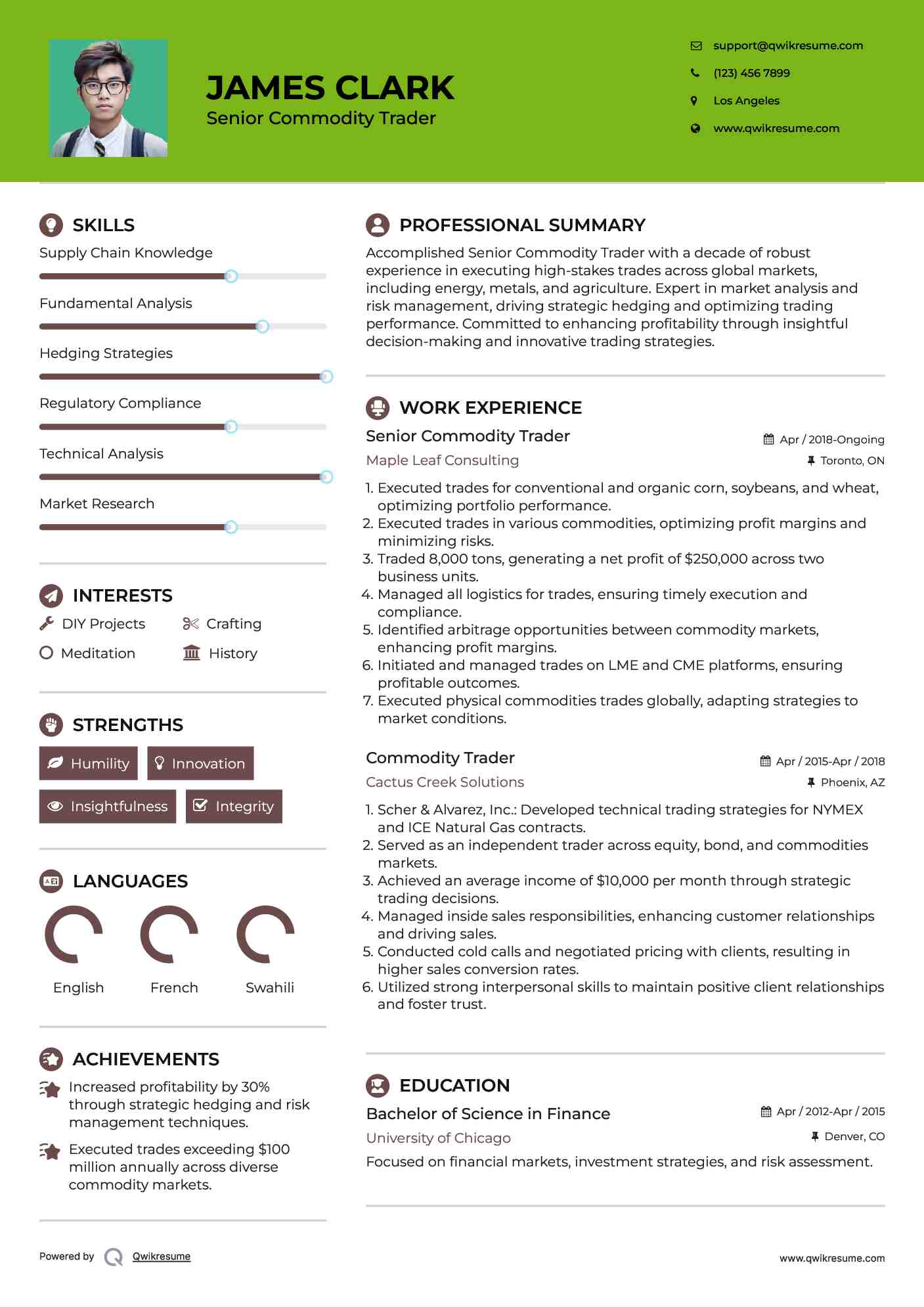 Senior Commodity Trader Resume Sample