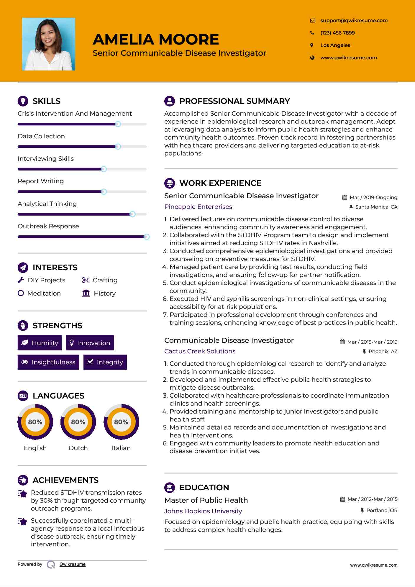 Senior Communicable Disease Investigator Resume Sample
