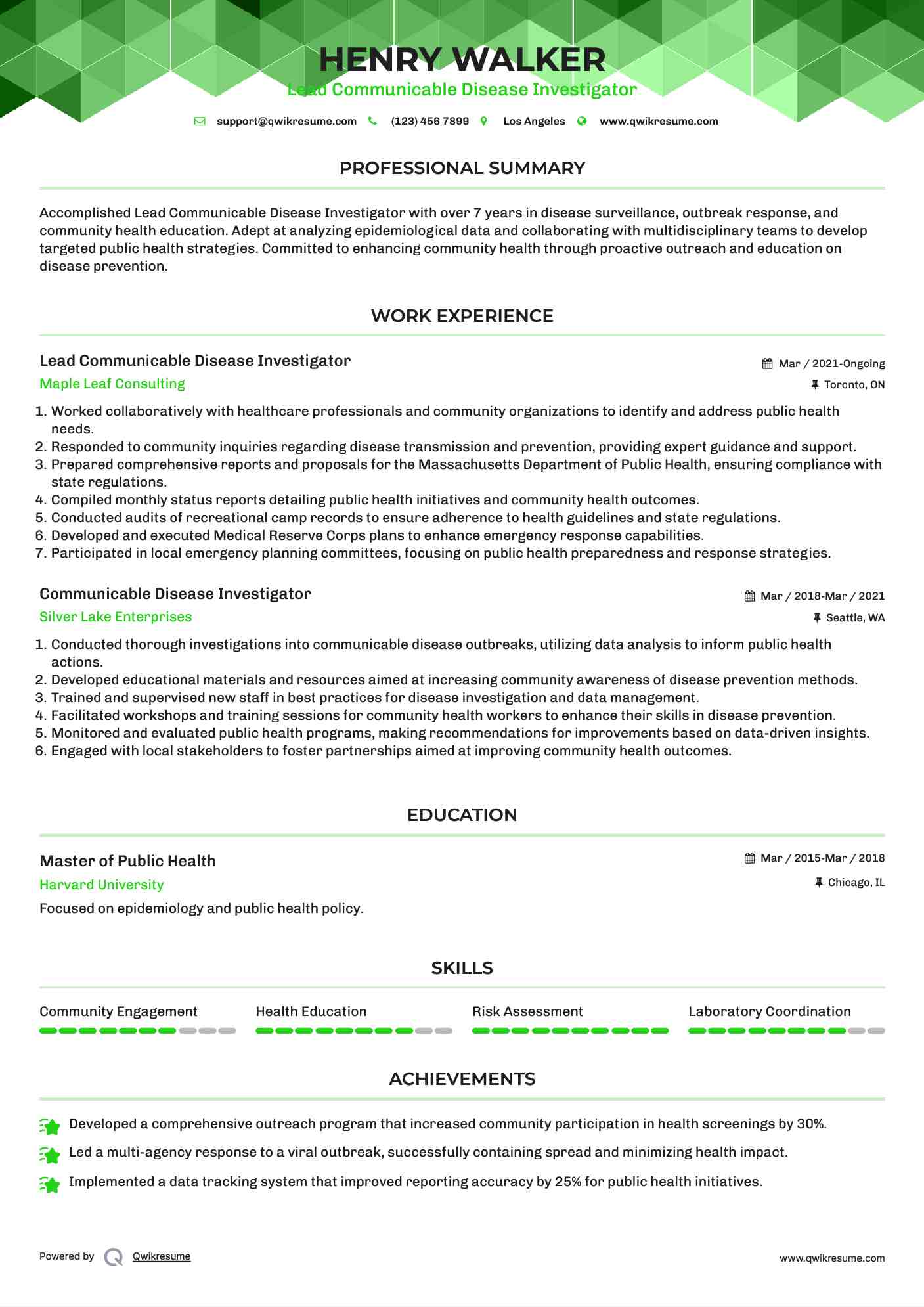 Lead Communicable Disease Investigator Resume Example